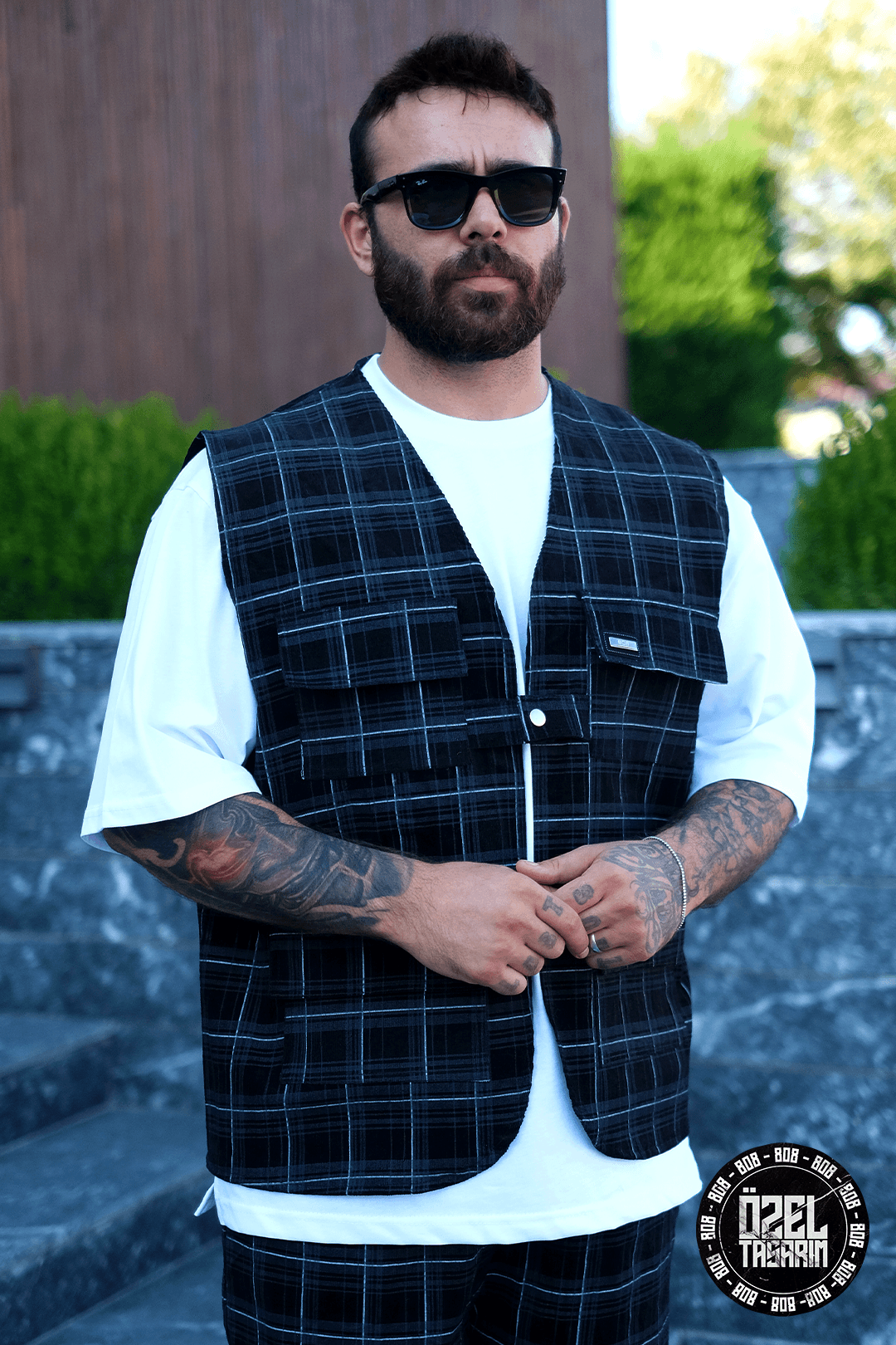 808 Metal Grid Desen Tek Düğme Oversize Yelek
