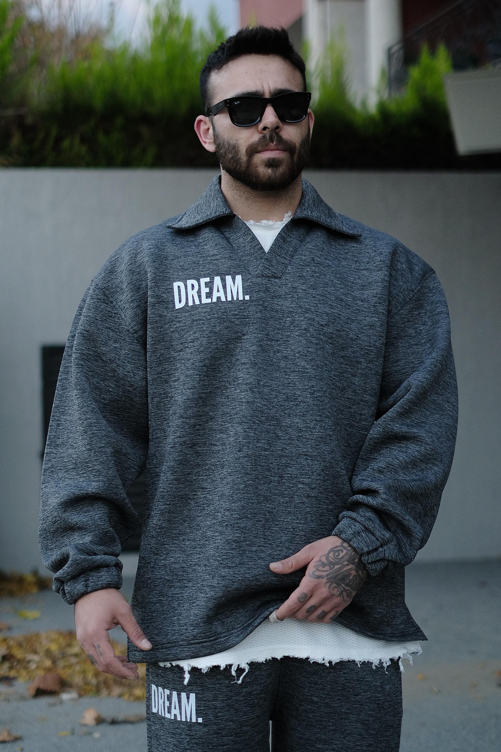 808 Dream Baskılı Özel Tasarım Yakalı Oversize Sweatshirt - Gri