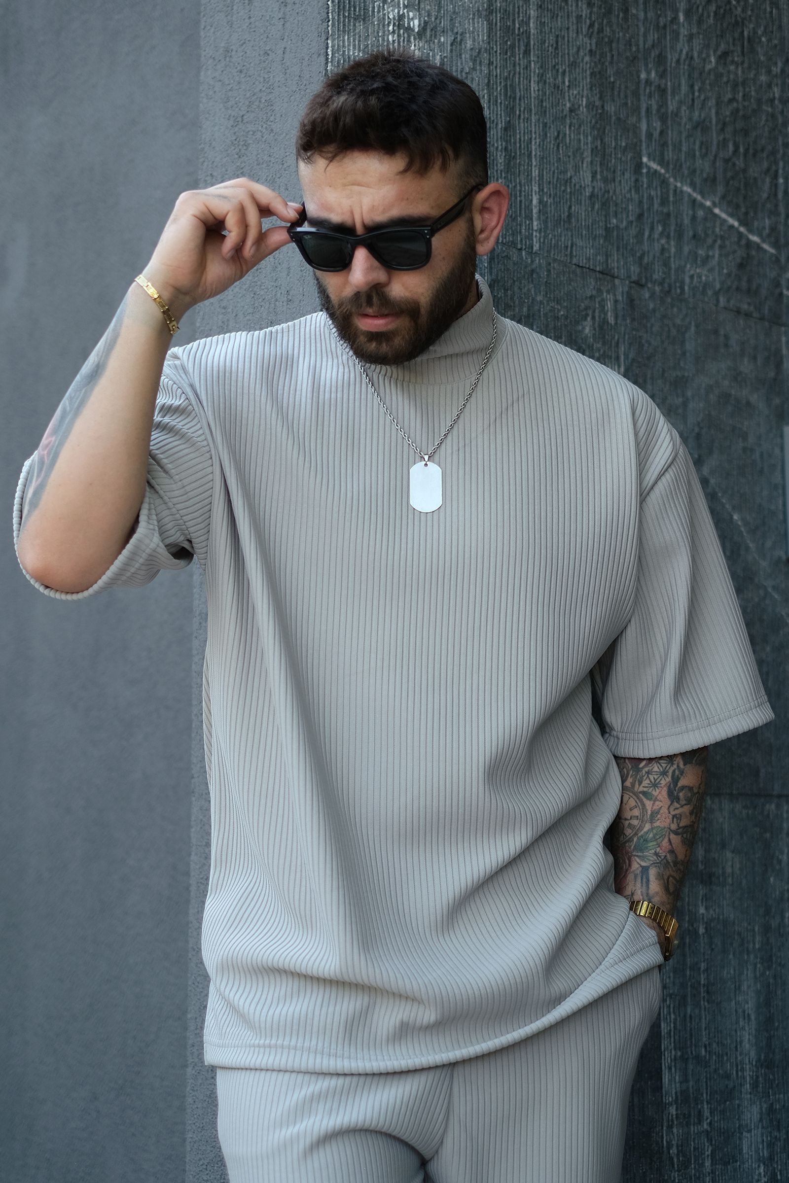 808 Fitil Dokulu Oversize Balıkçı Yaka Tişört - Gri