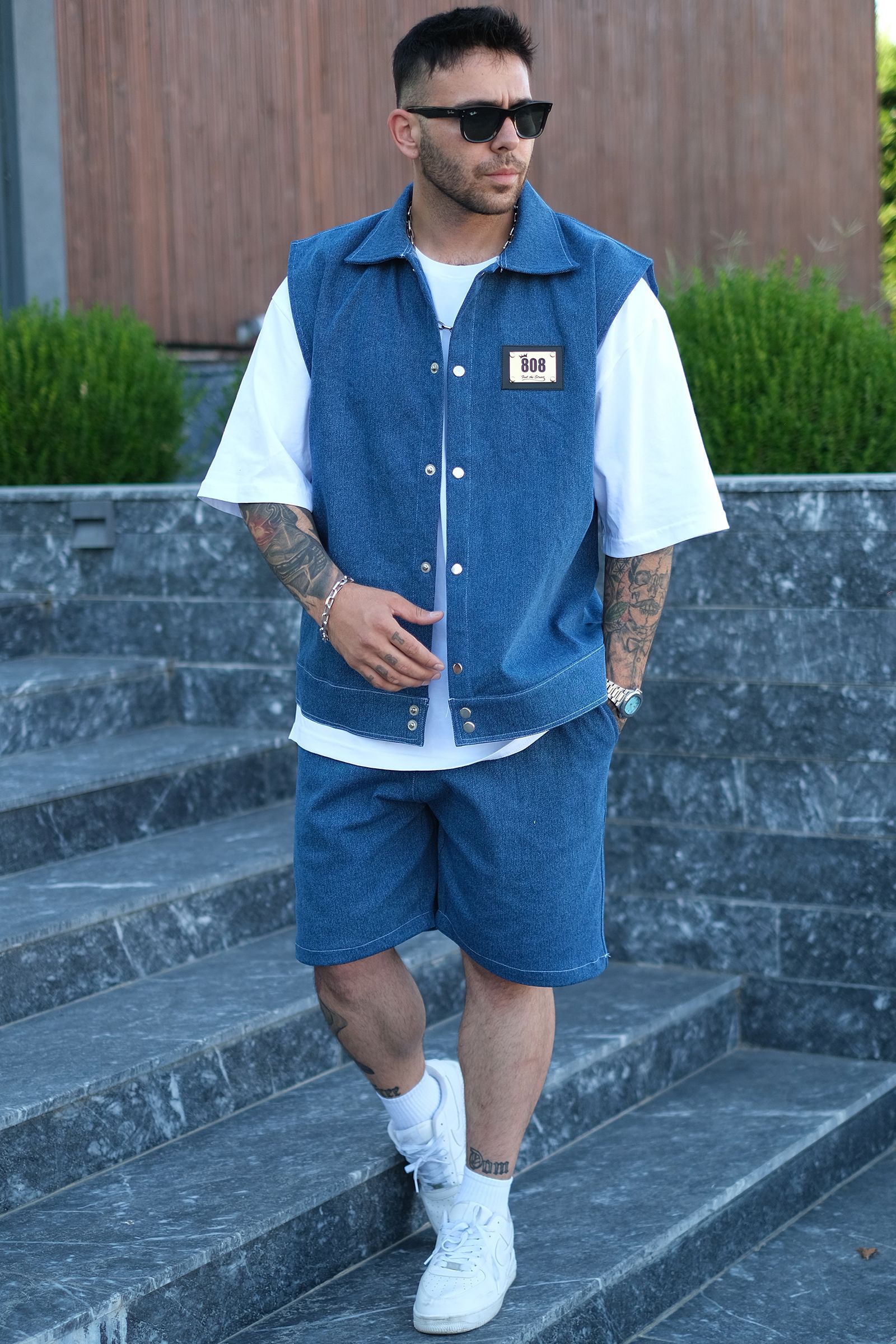 808 Oversize Basic Tok Kot Takım (Yelek + Şort) - Açık Mavi