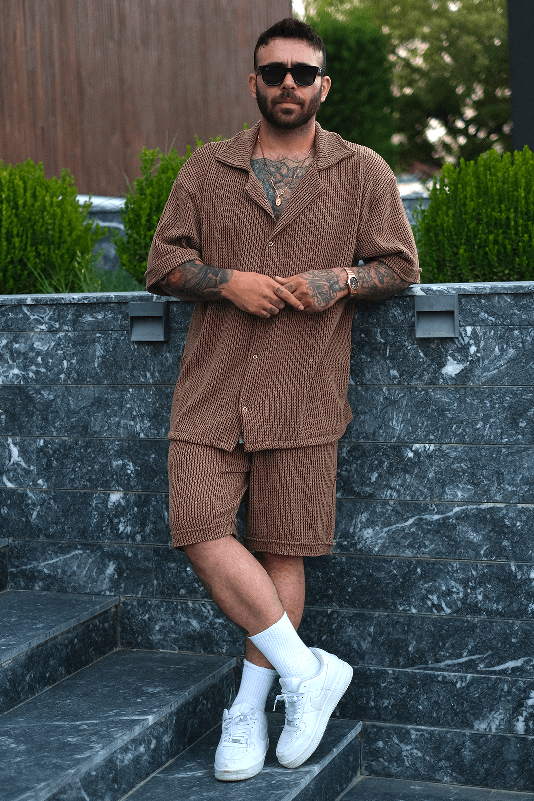 808 Kahverengi Taş Örgü Oversize Şort