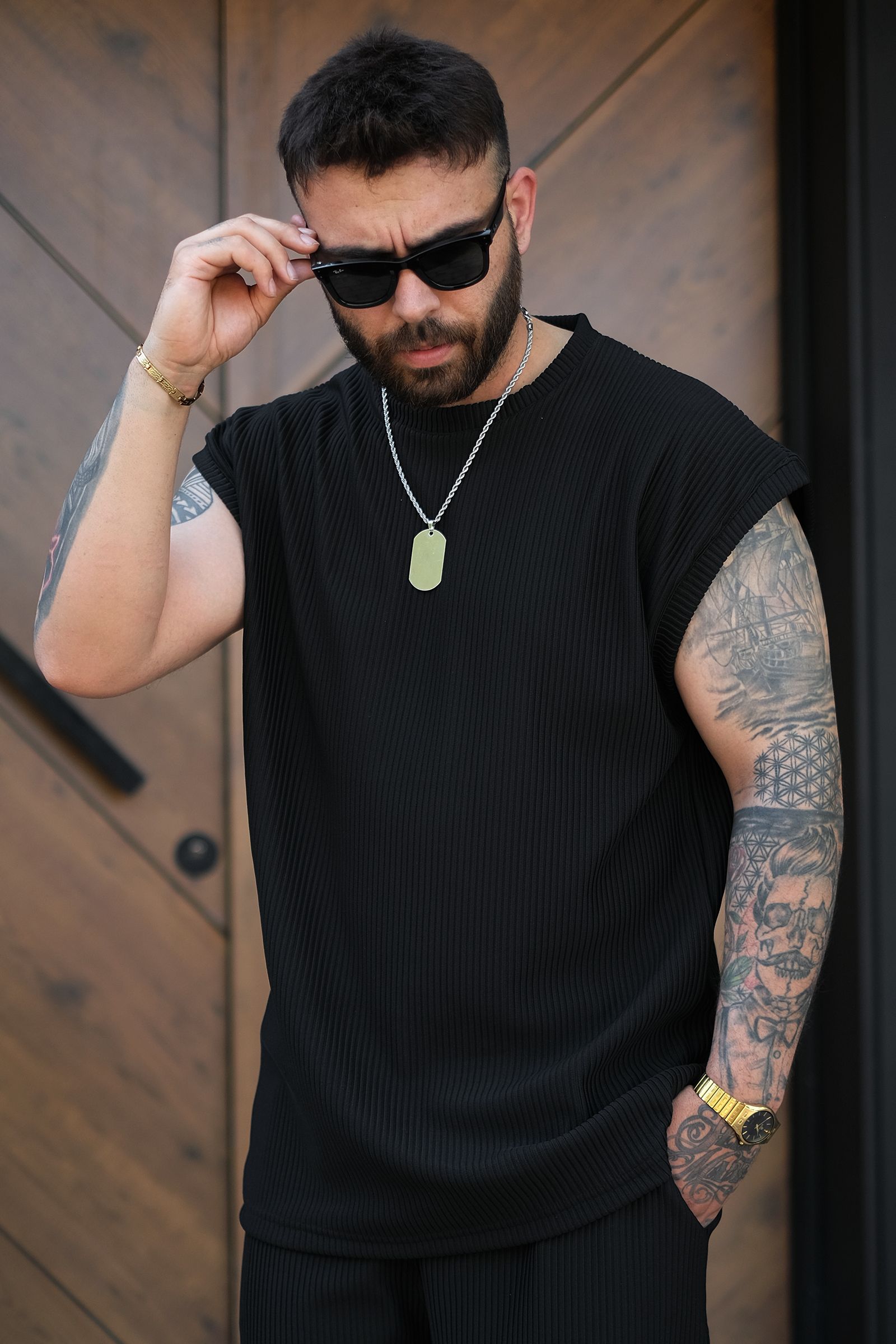 808 Fitil Dokulu Oversize Kolsuz Tişört - Siyah