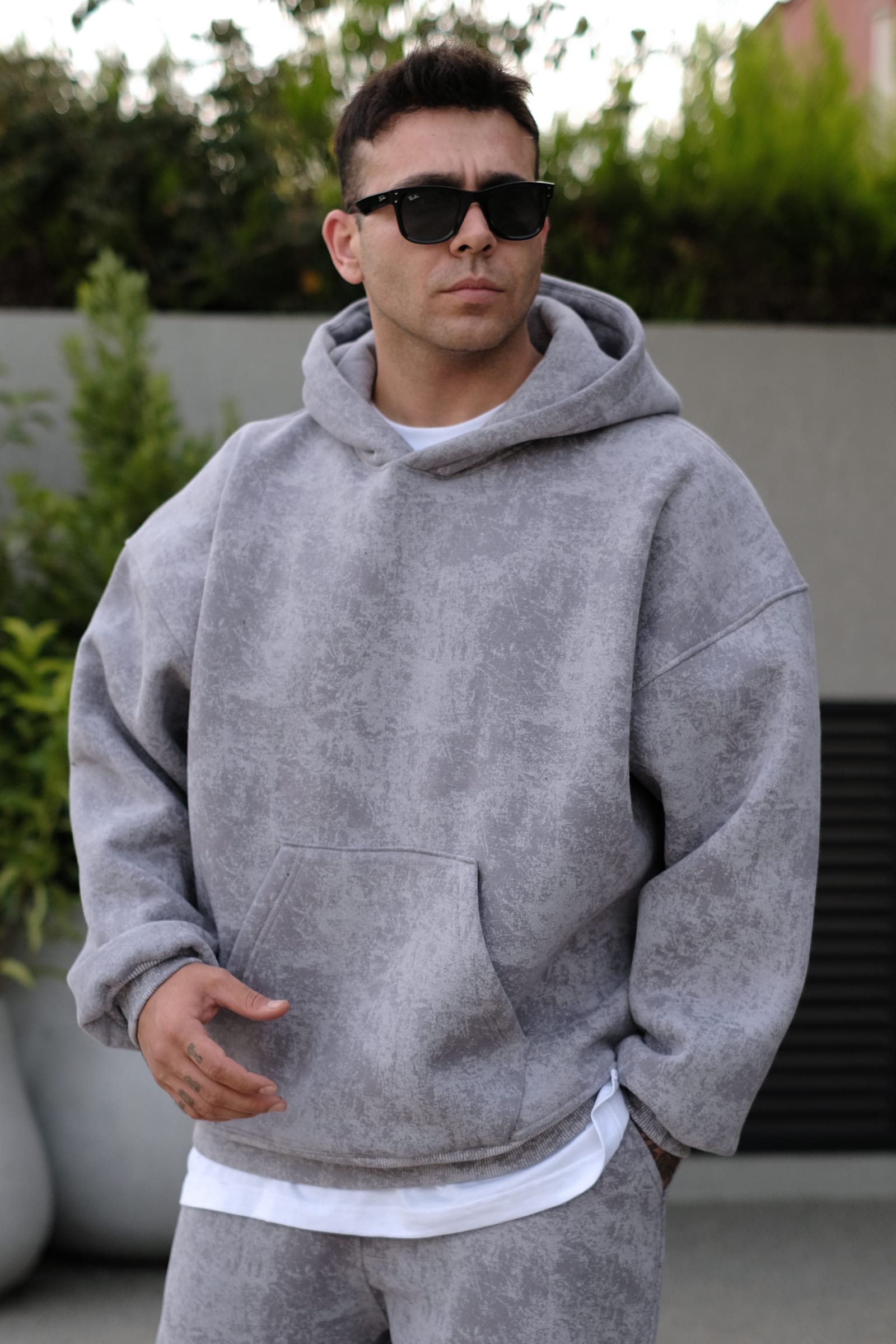 808 Eskitme Efekt Extra Oversize Puff Hoodie - Gri