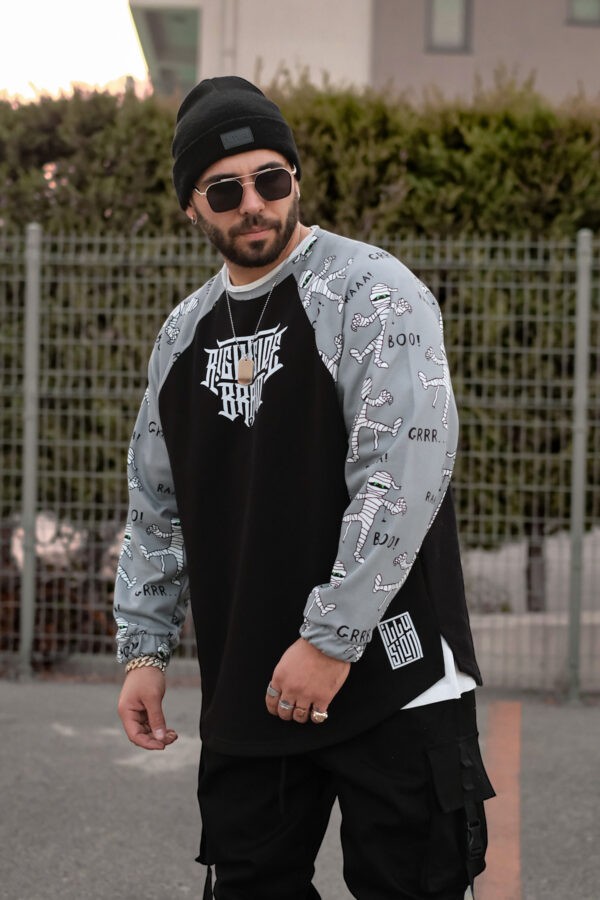 808 Raglan Mumya Desen Kol Baskılı Oversize Sweatshirt