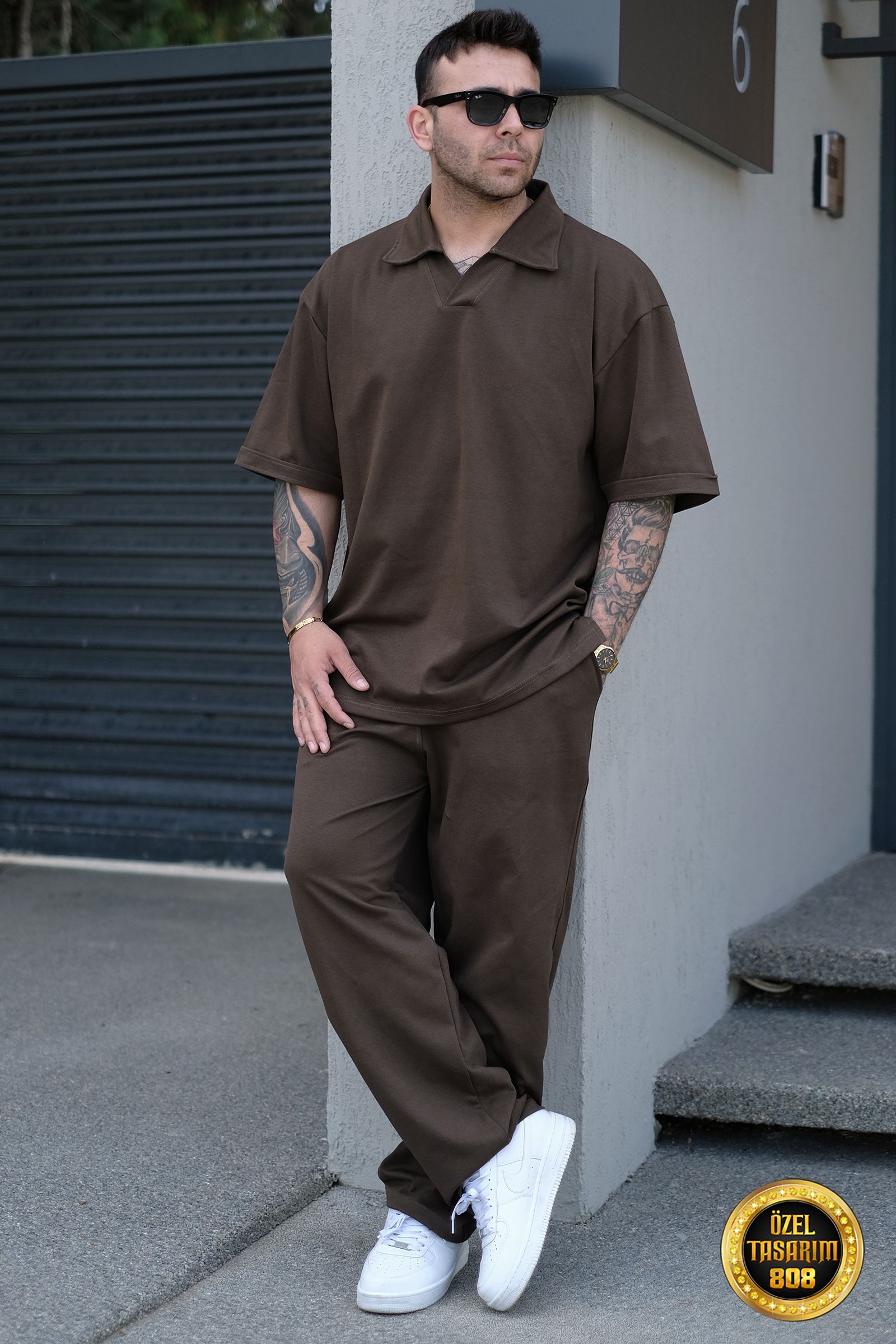 808 Yakalı Basic Tok Oversize Takım - Kahverengi