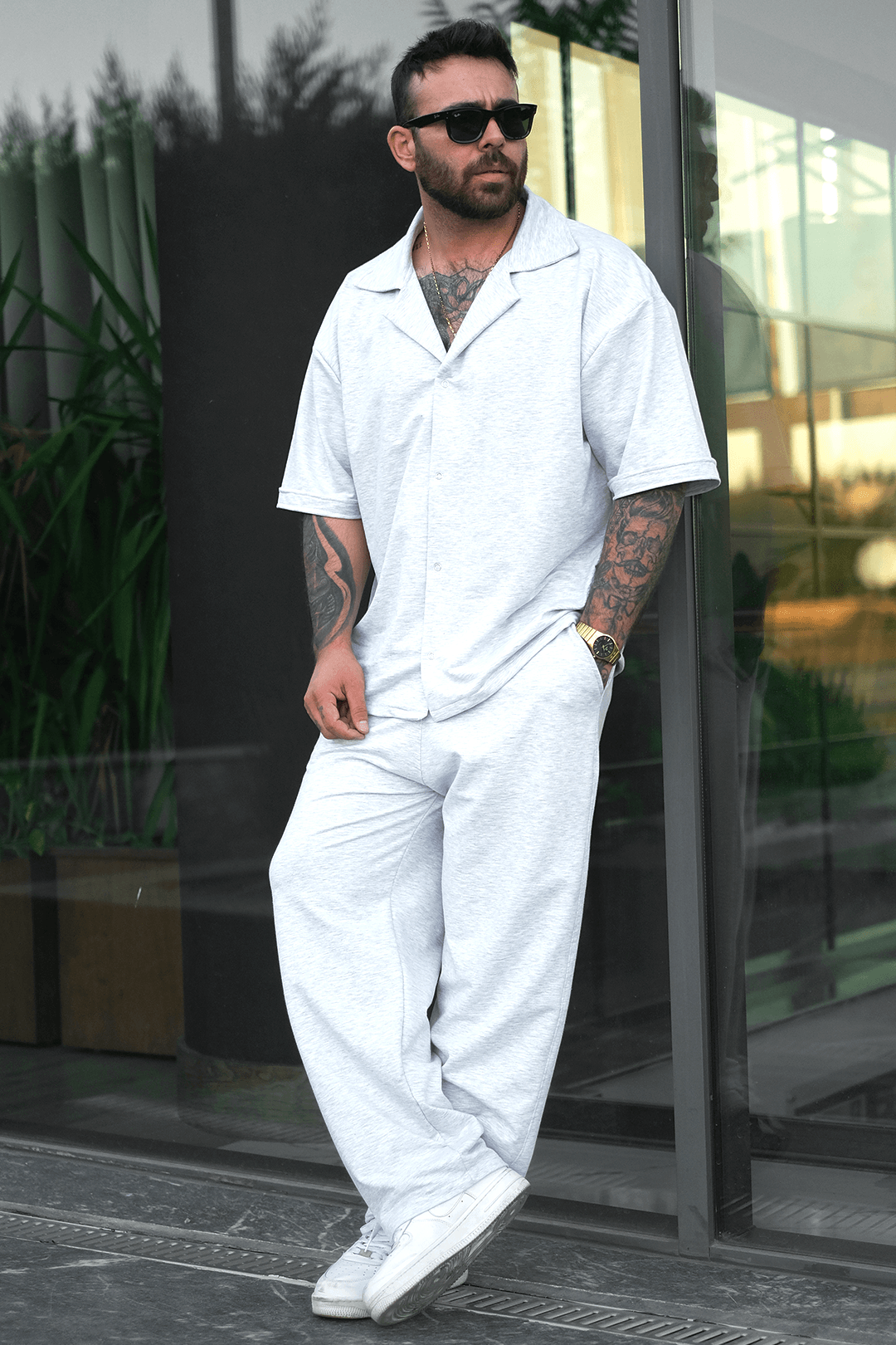 808 Basic V Yaka Oversize Tok Gömlek - Açık Gri Melanj