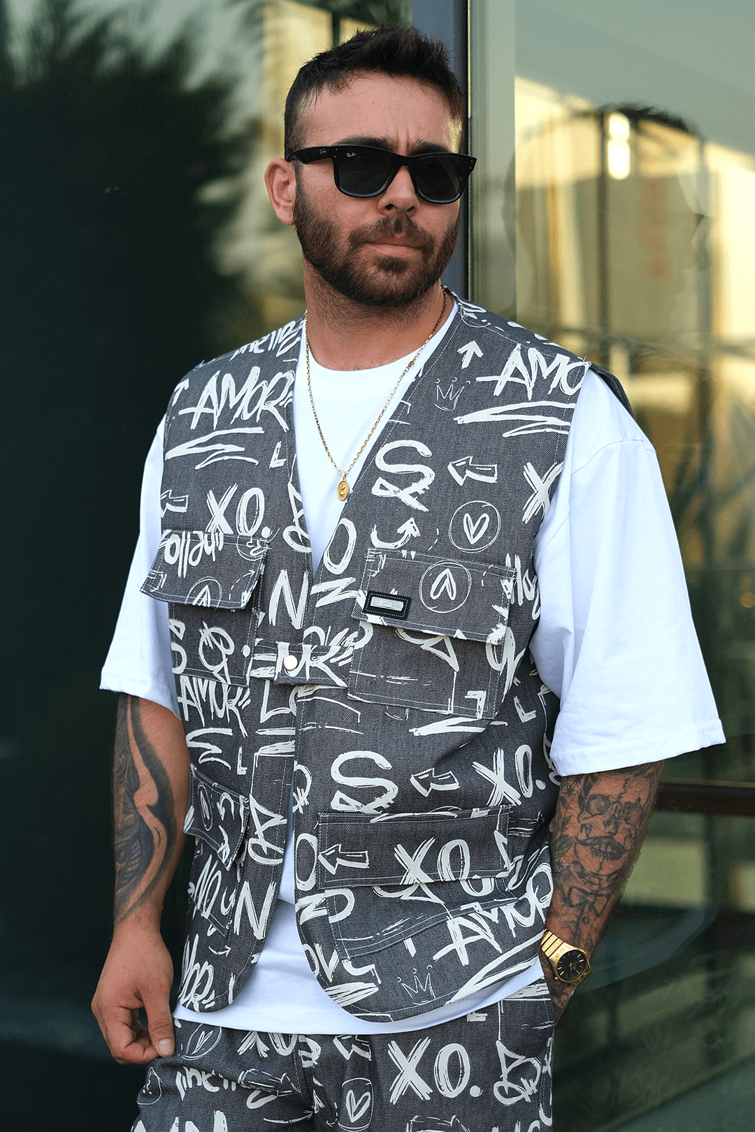 808 XO City Desen Tek Düğme Oversize Yelek