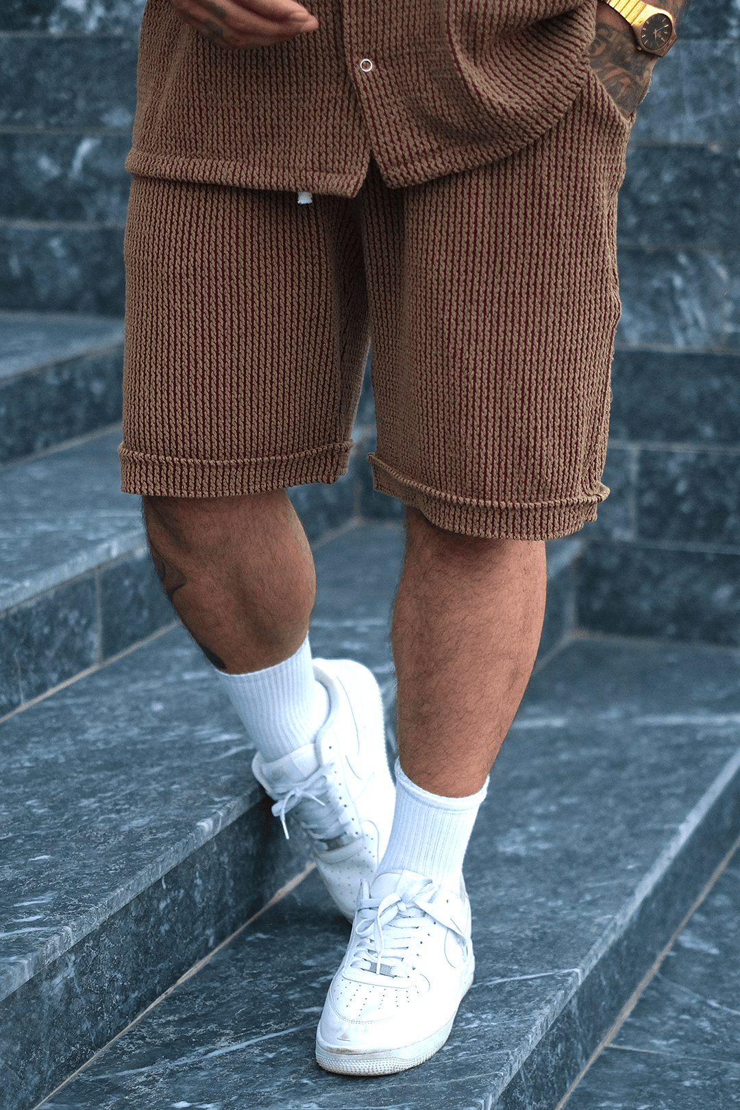 808 Kahverengi Taş Örgü Oversize Şort