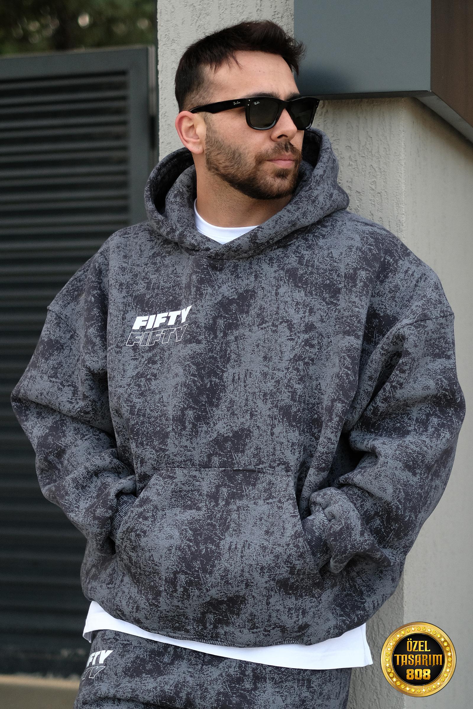 808 Fifty Baskılı Özel Tasarım Eskitme Efektli Puff Hoodie