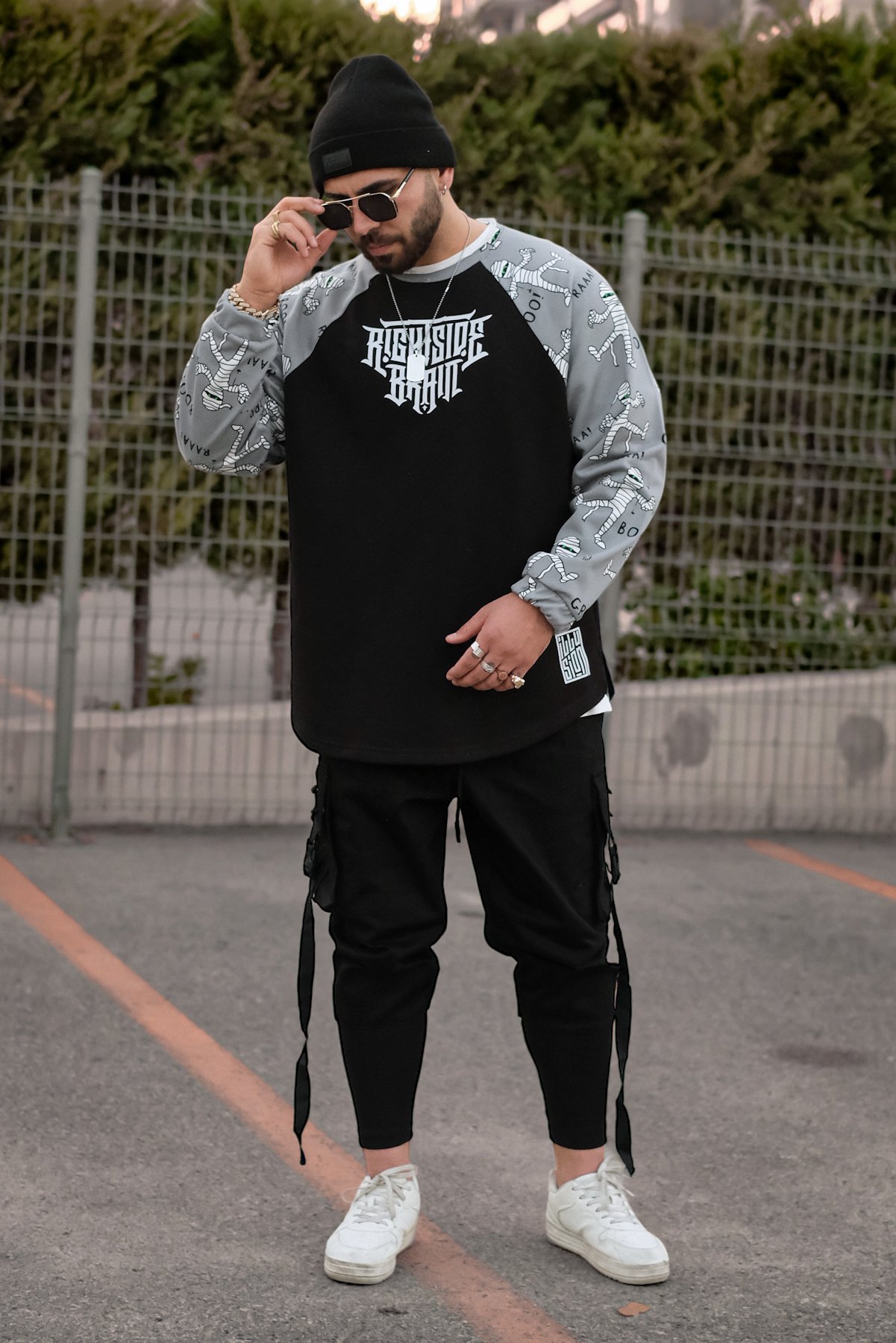 808 Raglan Mumya Desen Kol Baskılı Oversize Sweatshirt