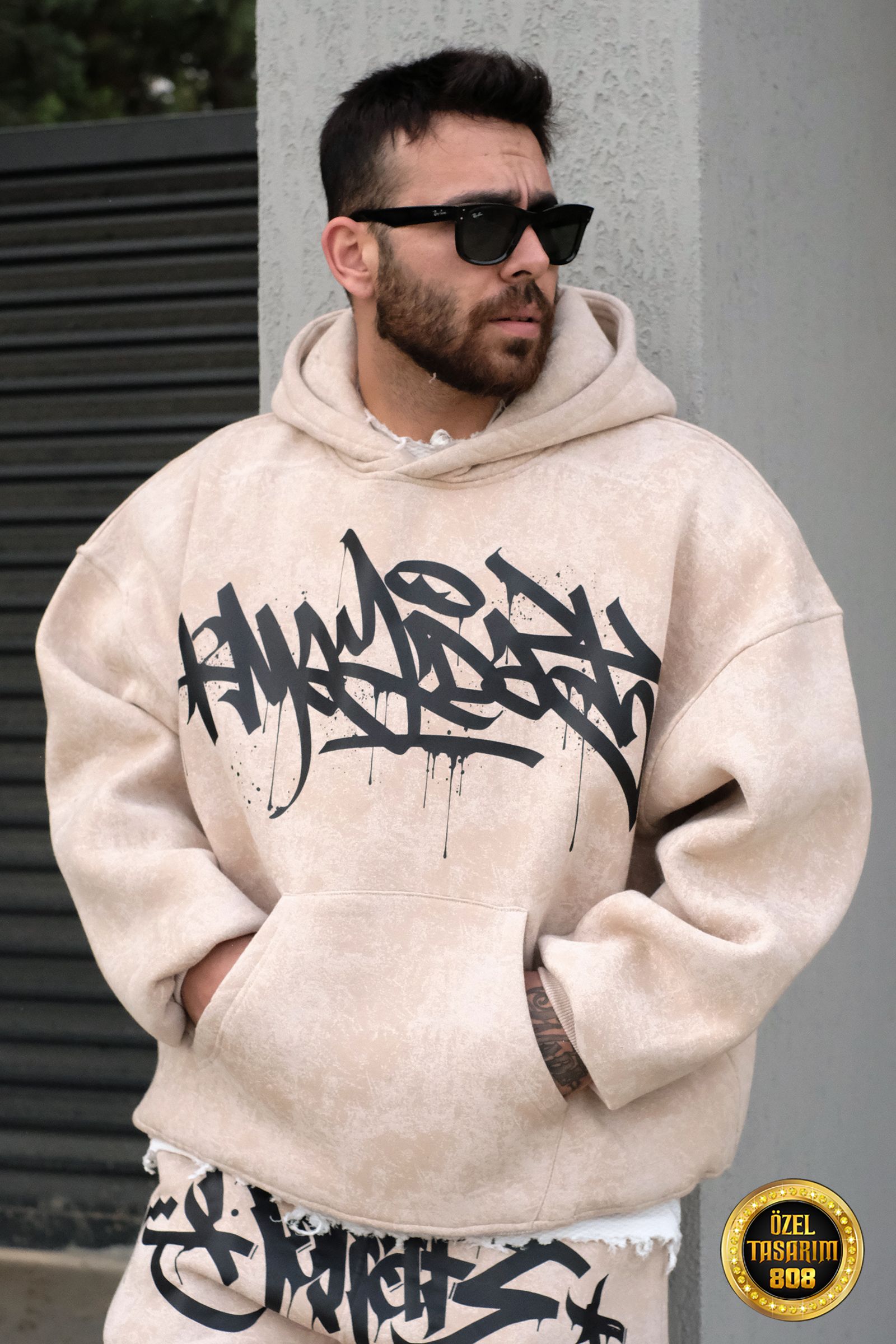 808 Tag Baskılı Özel Tasarım Oversize Hoodie - Ekru Batik