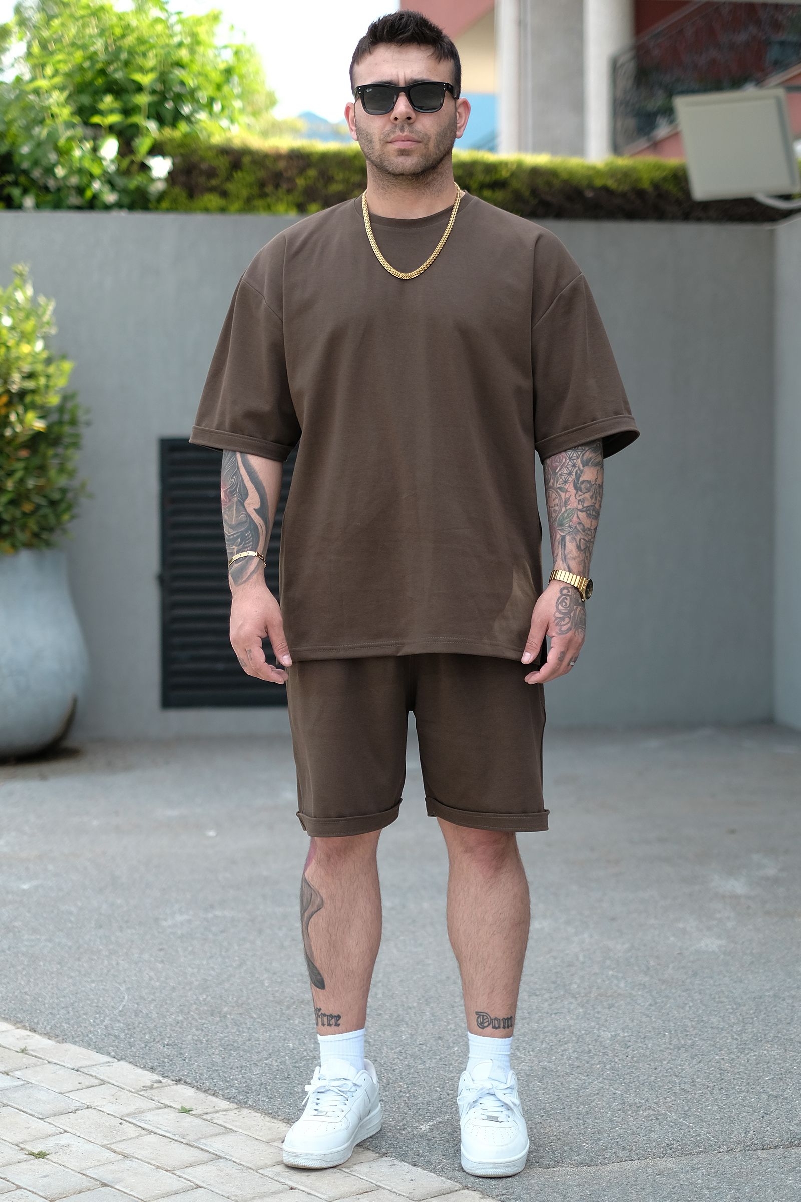 808 Basic Oversize Tok Tişört - Kahverengi