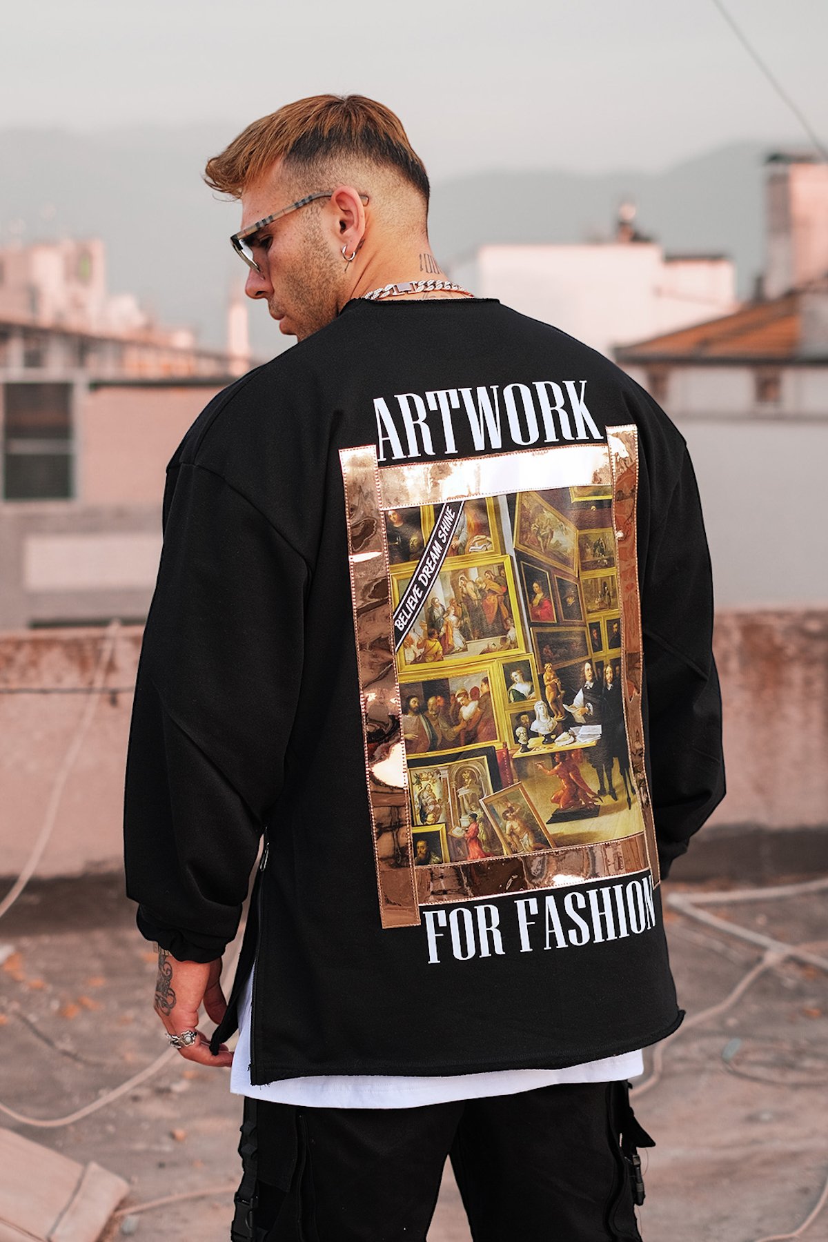 808 Artwork Oversize Gold Detay Oversize Fermuar Yırtmaç Sweatshirt