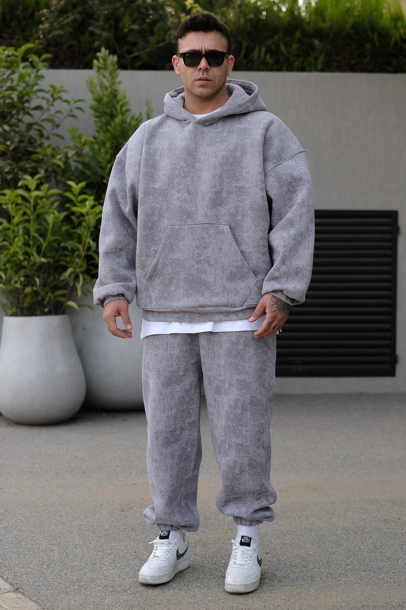 808 Eskitme Efekt Extra Oversize Puff Hoodie - Gri
