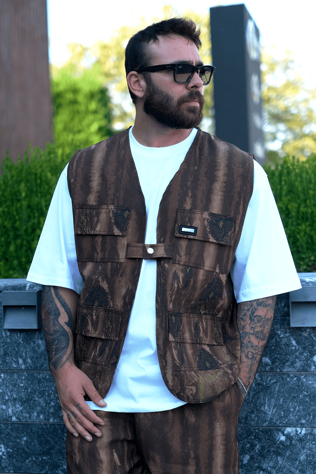 808 Timberline Desen Tek düğme Oversize Yelek