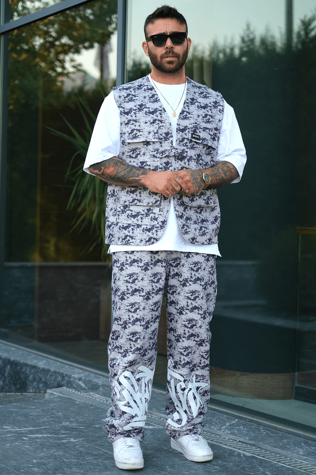 808 Gölge Batik Desen Tek Düğme Oversize Yelek