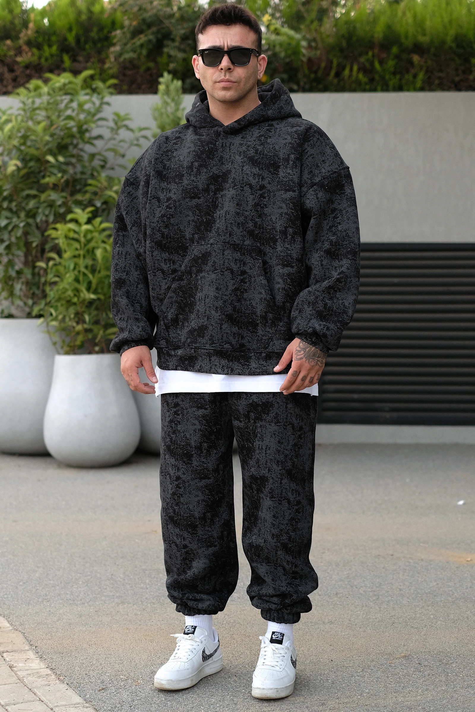 808 Eskitme Efekt Extra Oversize Puff Hoodie - Siyah