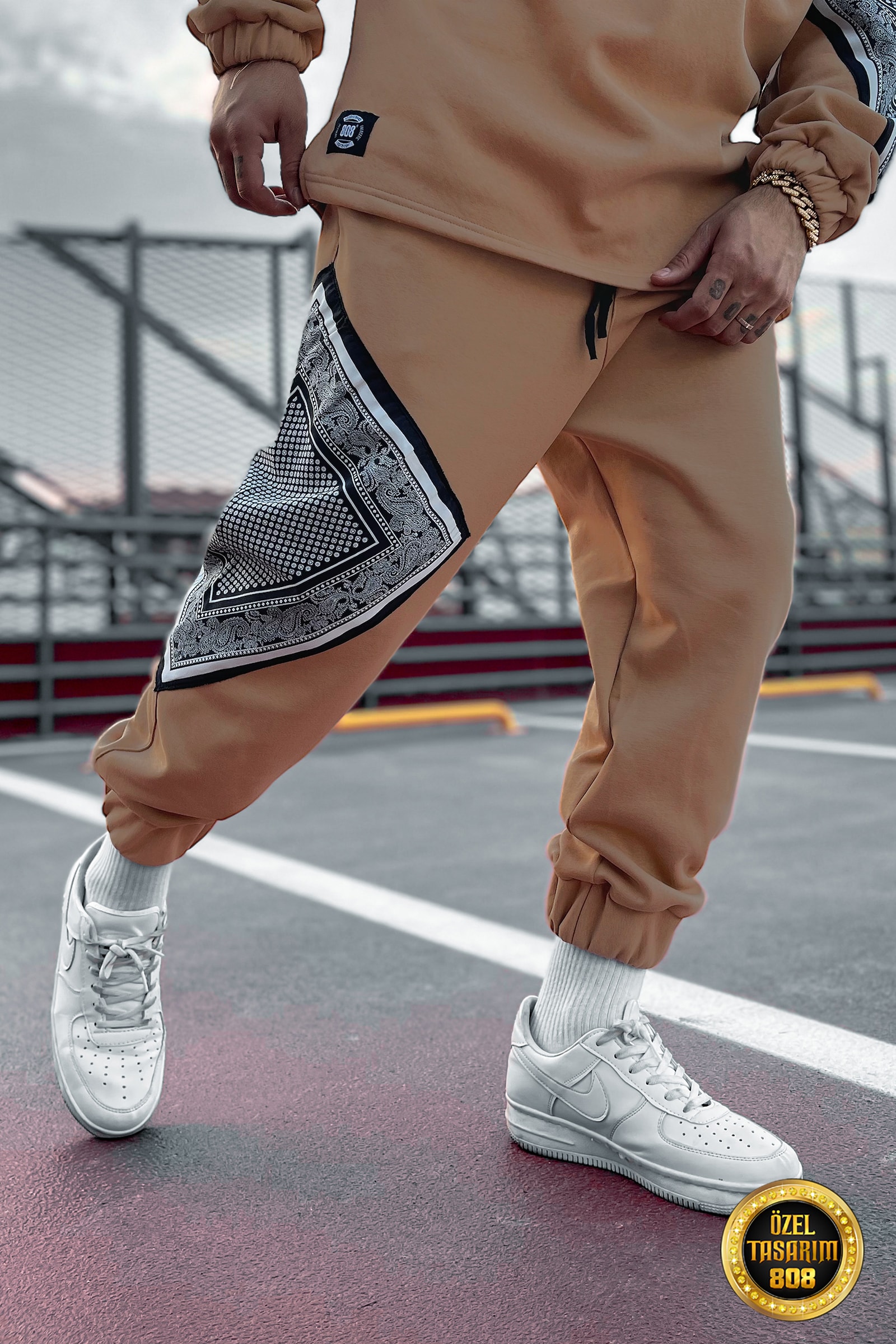 808 Pain Bandana Kontrast Oversize Jogger - Açık Kahverengi