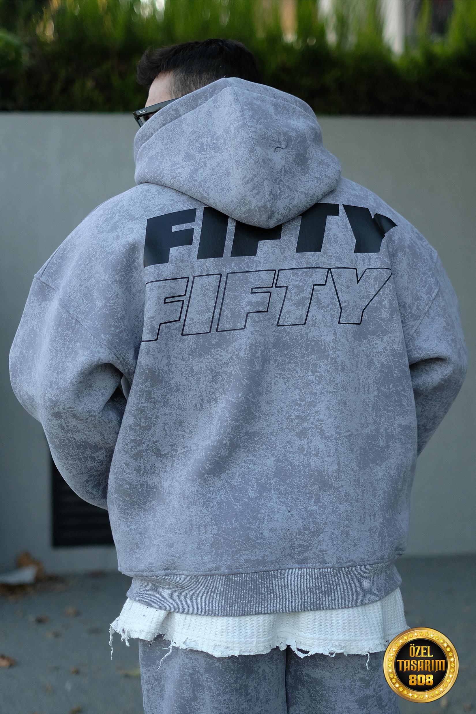 808 Fifty Baskılı Özel Tasarım Eskitme Efektli Puff Hoodie