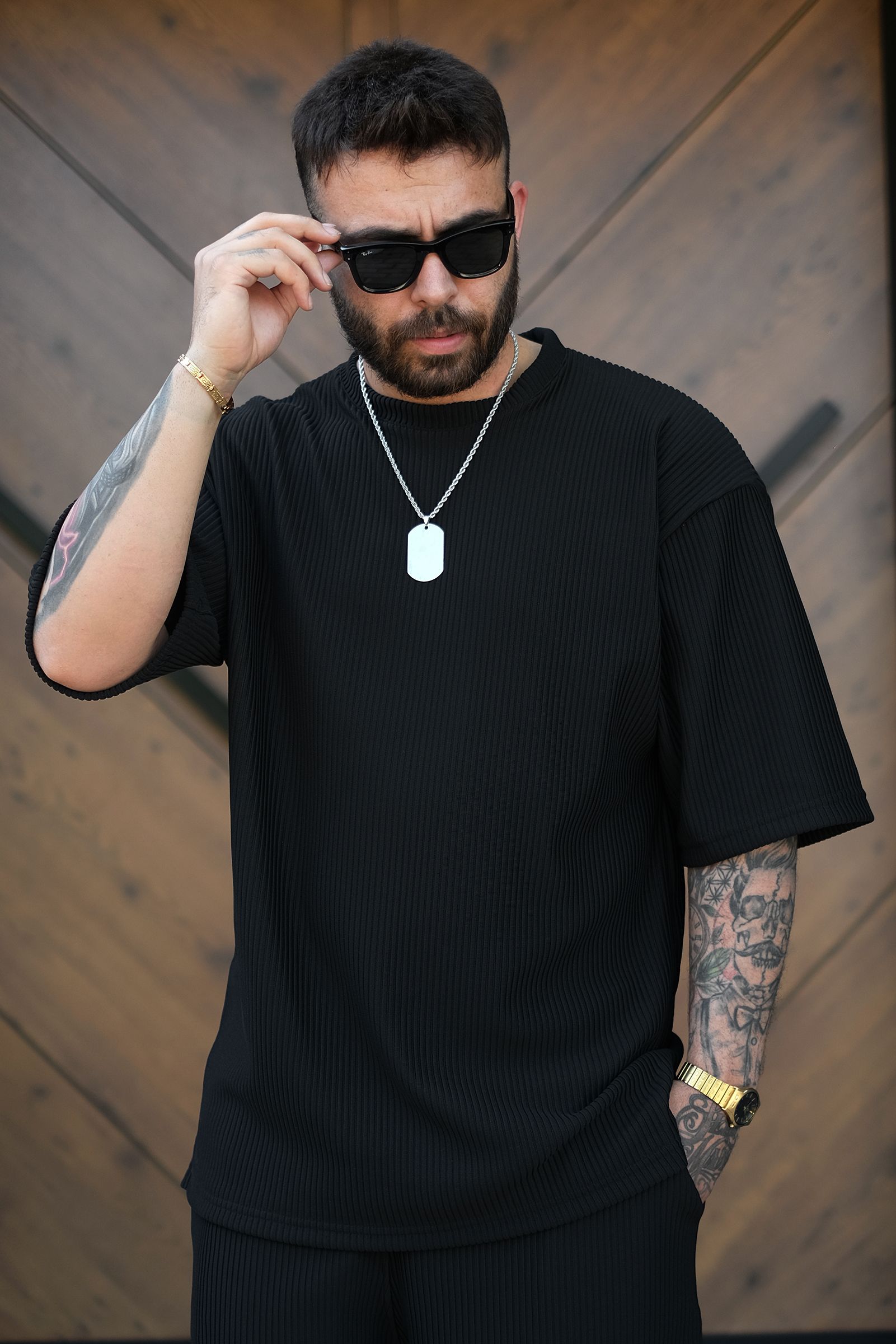 808 Fitil Dokulu Oversize Sıfır Yaka Tok Tişört - Siyah
