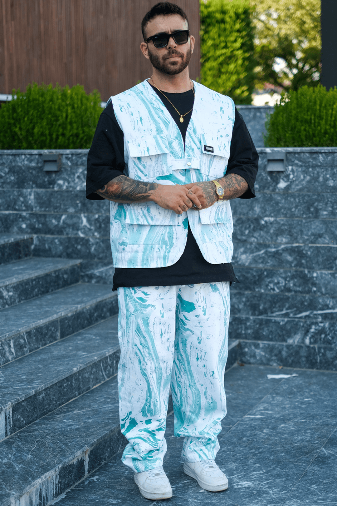 808 Batik Desen Oversize Tek Düğme Kot Yelek