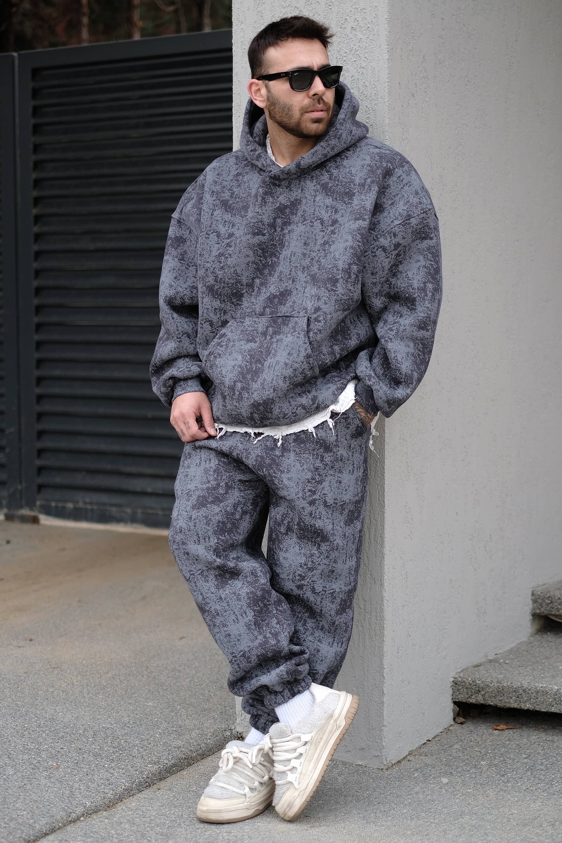 808 Eskitme Efekt Extra Oversize Puff Hoodie - Antrasit