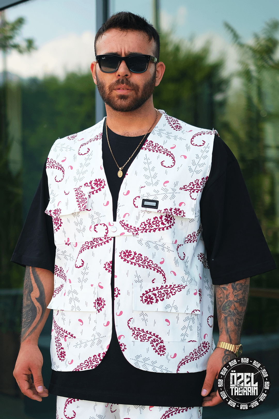 808 Kızıl Paisley Desen Tek Düğme Oversize Yelek