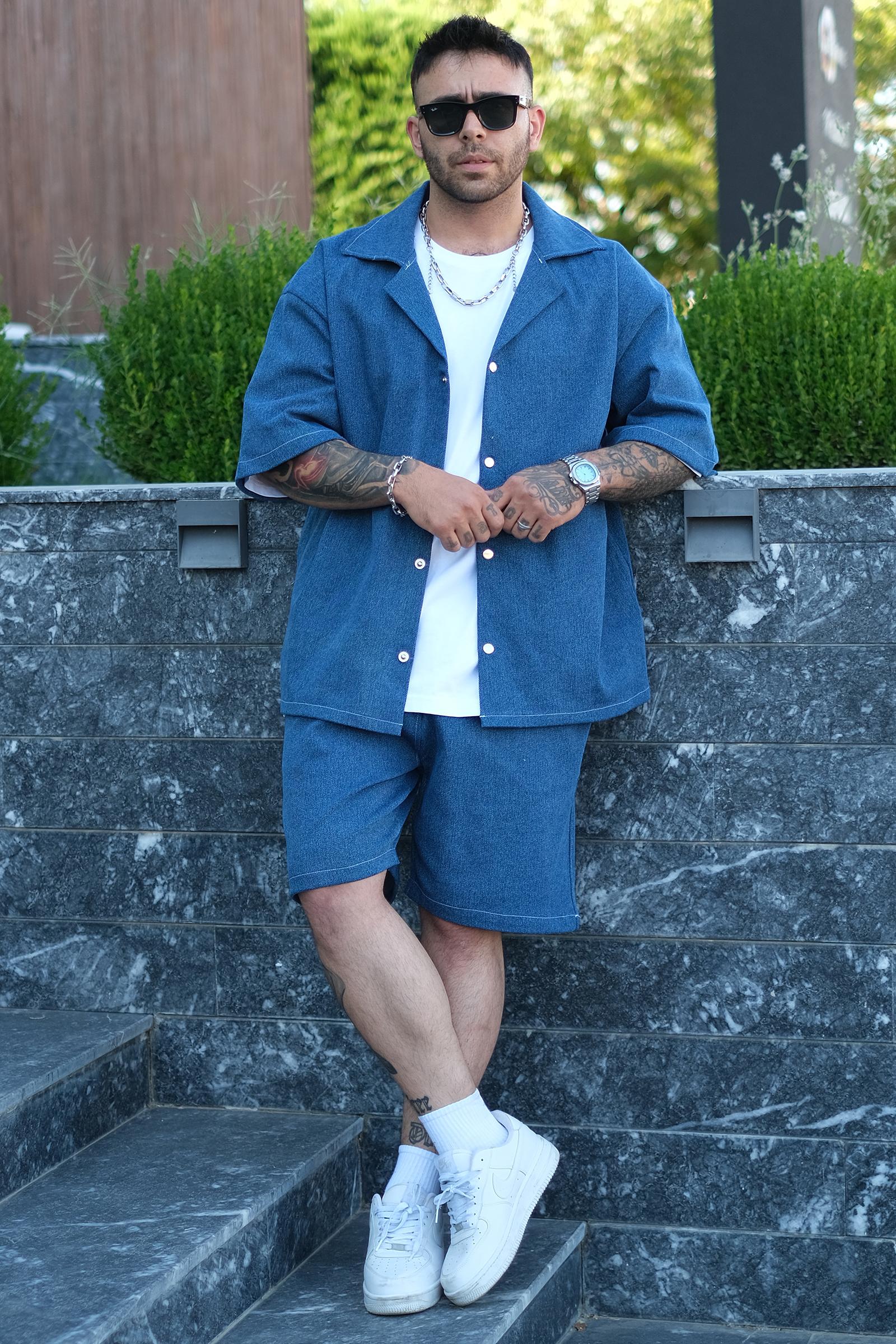 04. 808 Oversize Basic Tok Kot Takım (Gömlek + Şort) - Açık Mavi