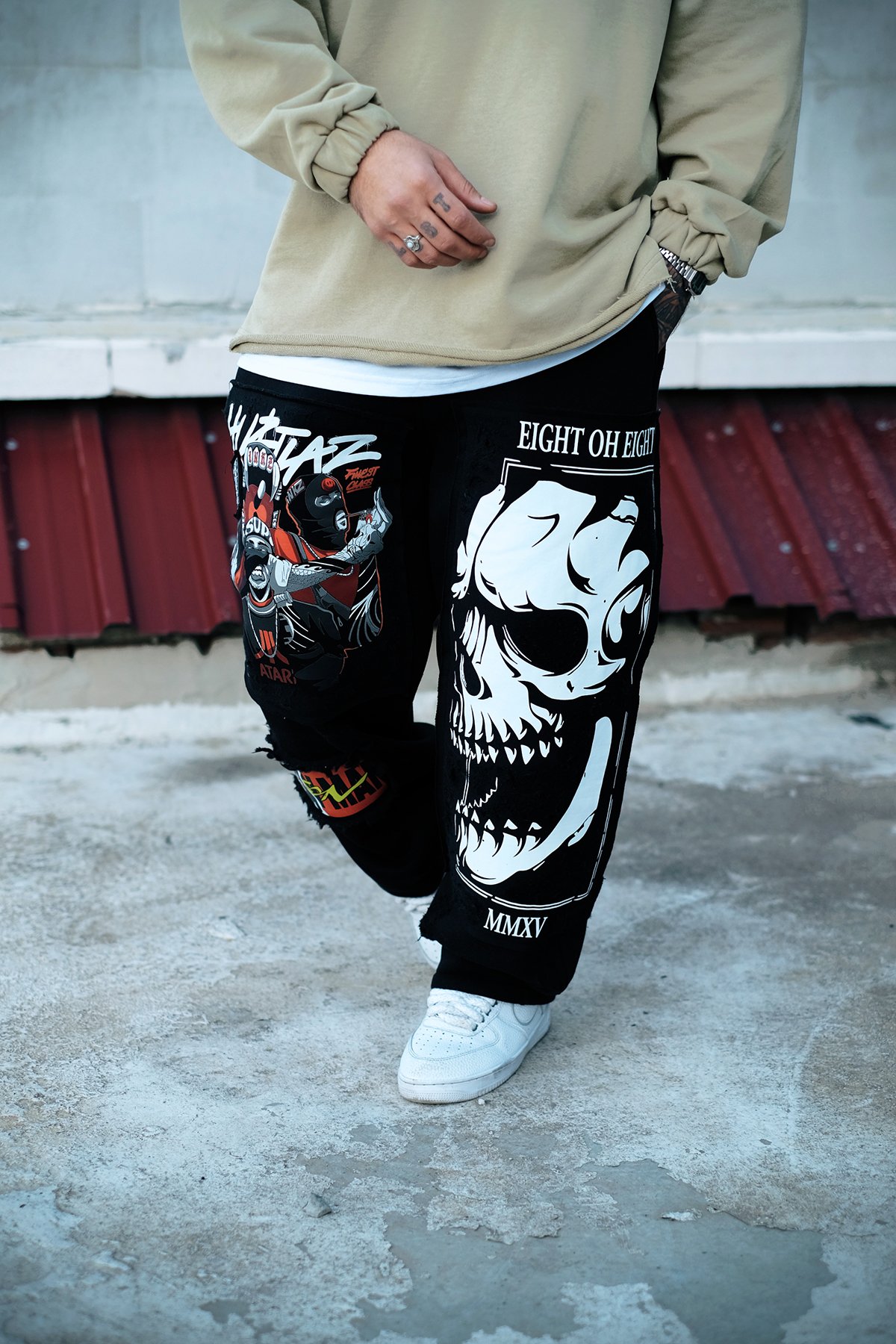 808 Skull Baskılı Kumaş Yamalı Özel Tasarım Baggy Jogger