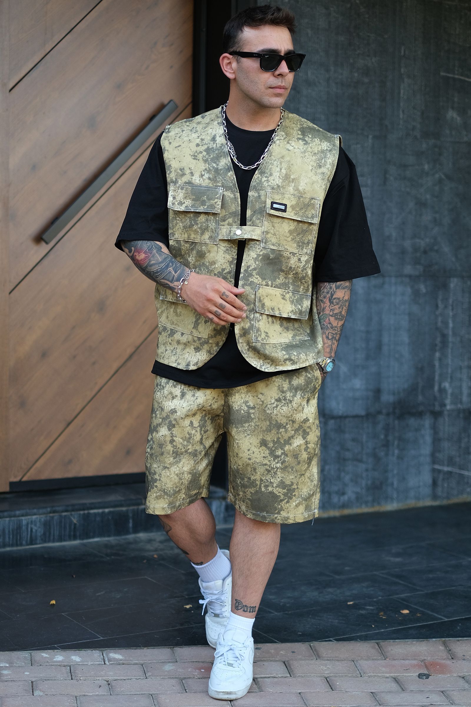 808 Leke Efektli Tek Düğme Oversize Kot Yelek