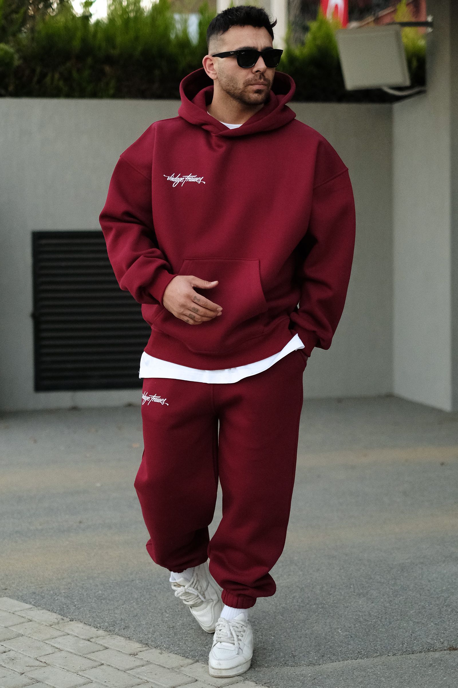 808 Vintage Frames Baskılı Özel Tasarım Oversize Hoodie - Bordo