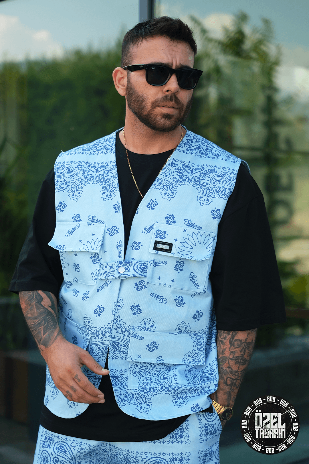 808 Ocean Bandana Desen Tek Düğme Oversize Yelek