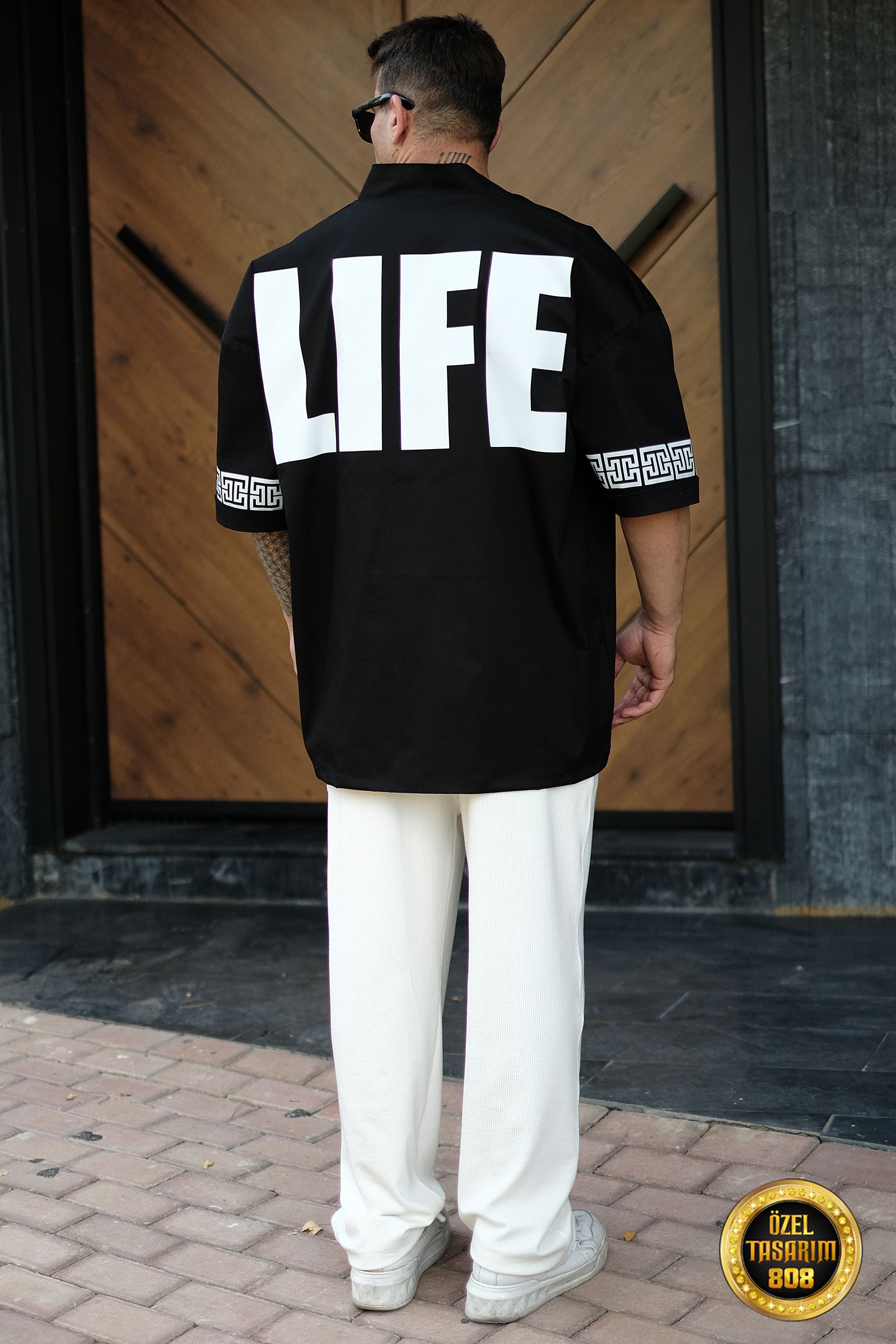 808 Life Baskı Detay Özel Tasarım Oversize Kimono - Siyah