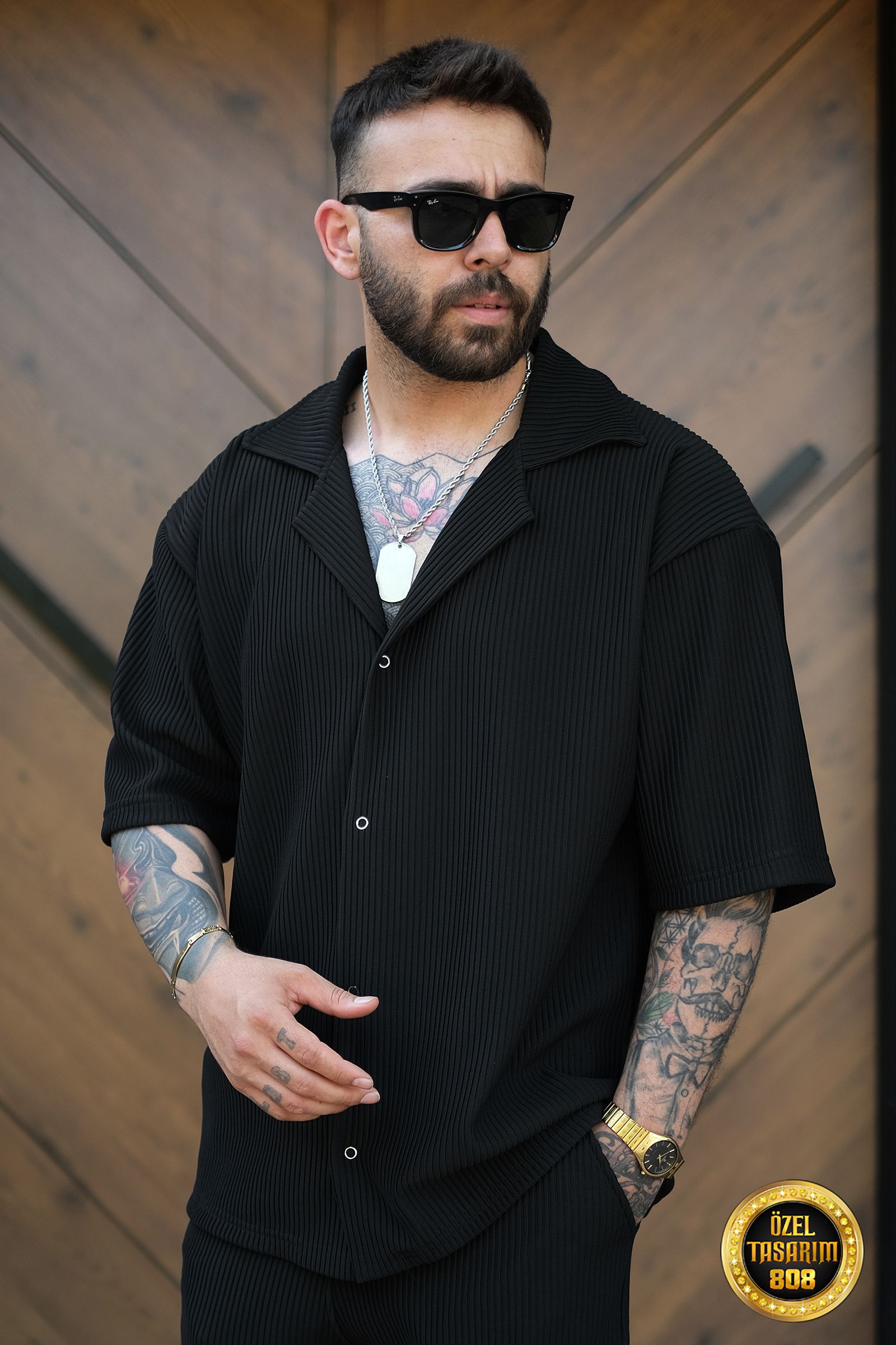 808 Fitil Dokulu Oversize V Yaka Gömlek - Siyah