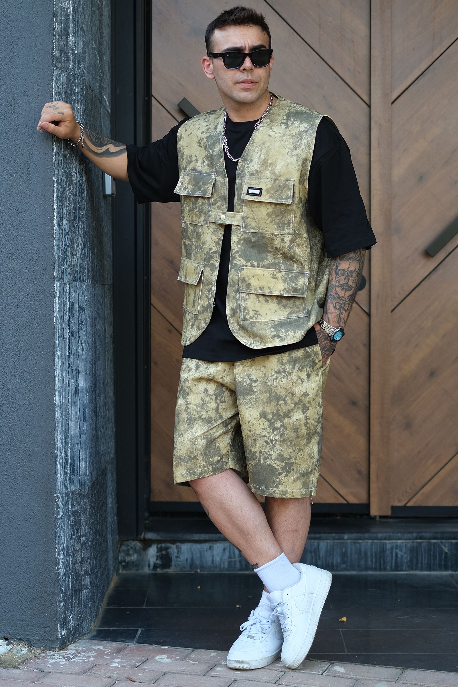 808 Leke Efektli Tek Düğme Oversize Kot Yelek