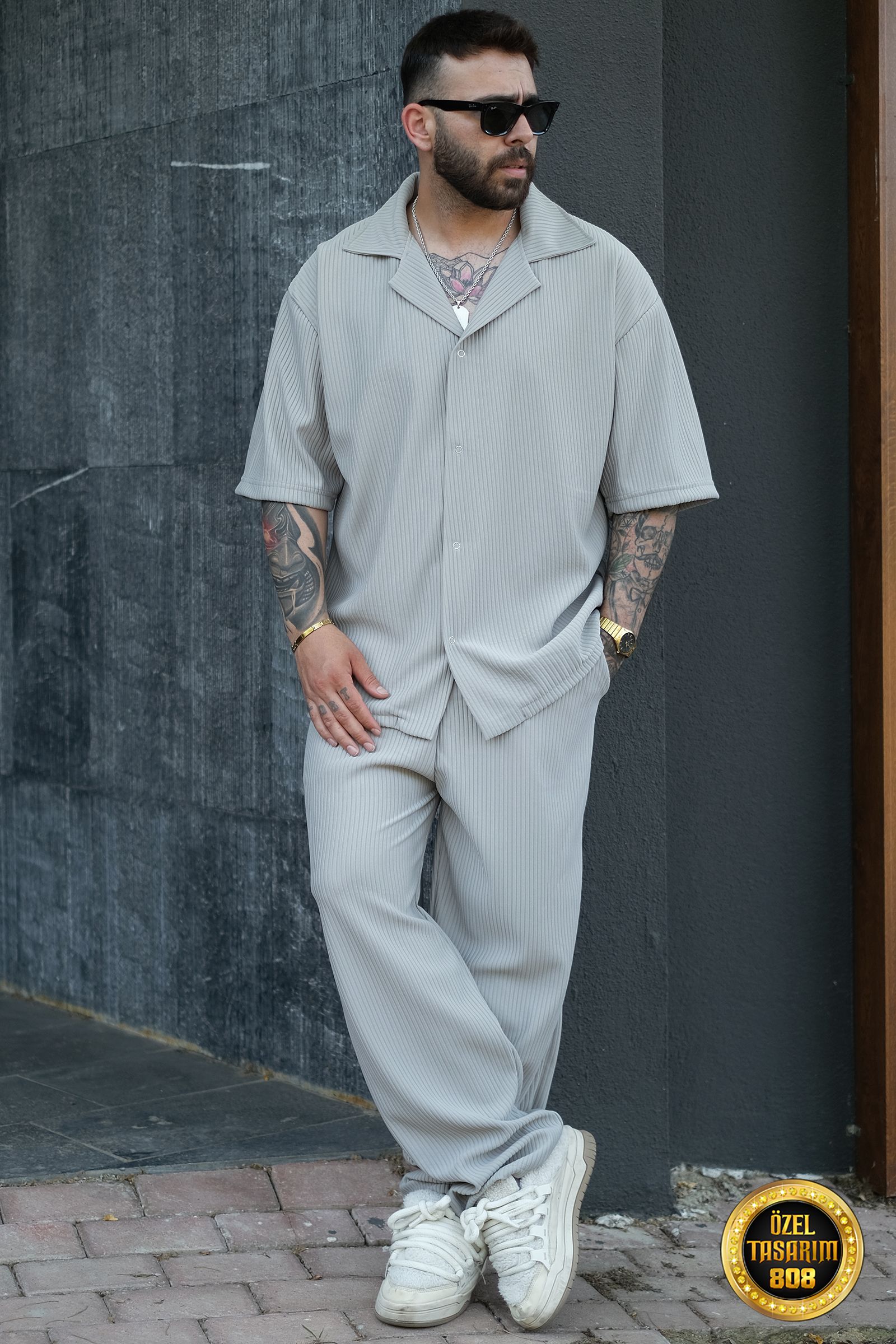 808 Fitil Dokulu Oversize V Yaka Takım (Gömlek - Jogger) - Gri