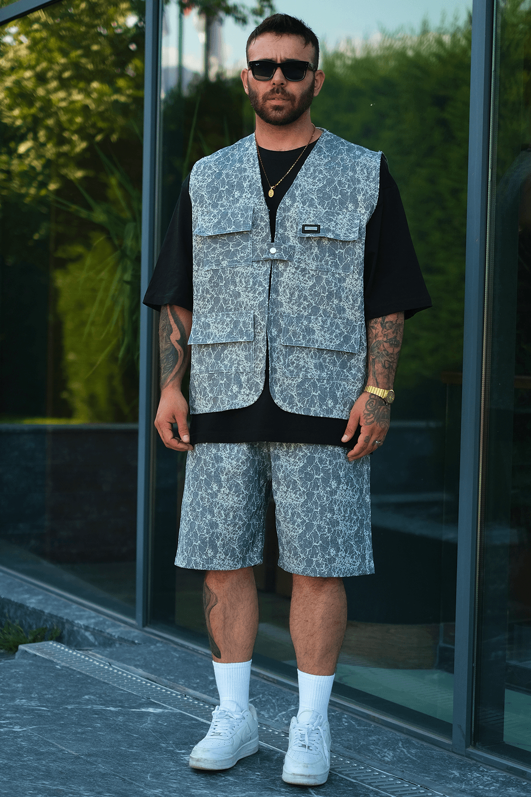 808 Buz Mermer Desen Oversize Takım ( Yelek + Şort )