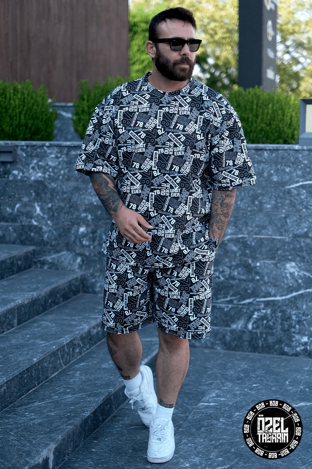 808 78 Desen Tok Oversize Takım ( Sıfır Yaka Tişört+ Şort )
