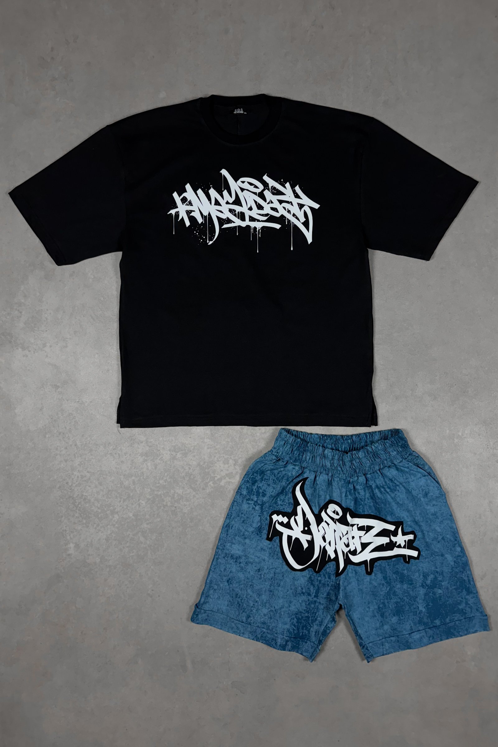808 Tag Baskılı Oversize Takım (Tişört - Şort) - Mavi