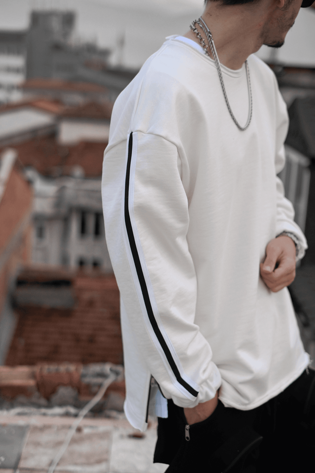 808 Kol Şeritli Pis Yaka Oversize Sweatshirt - Ekru