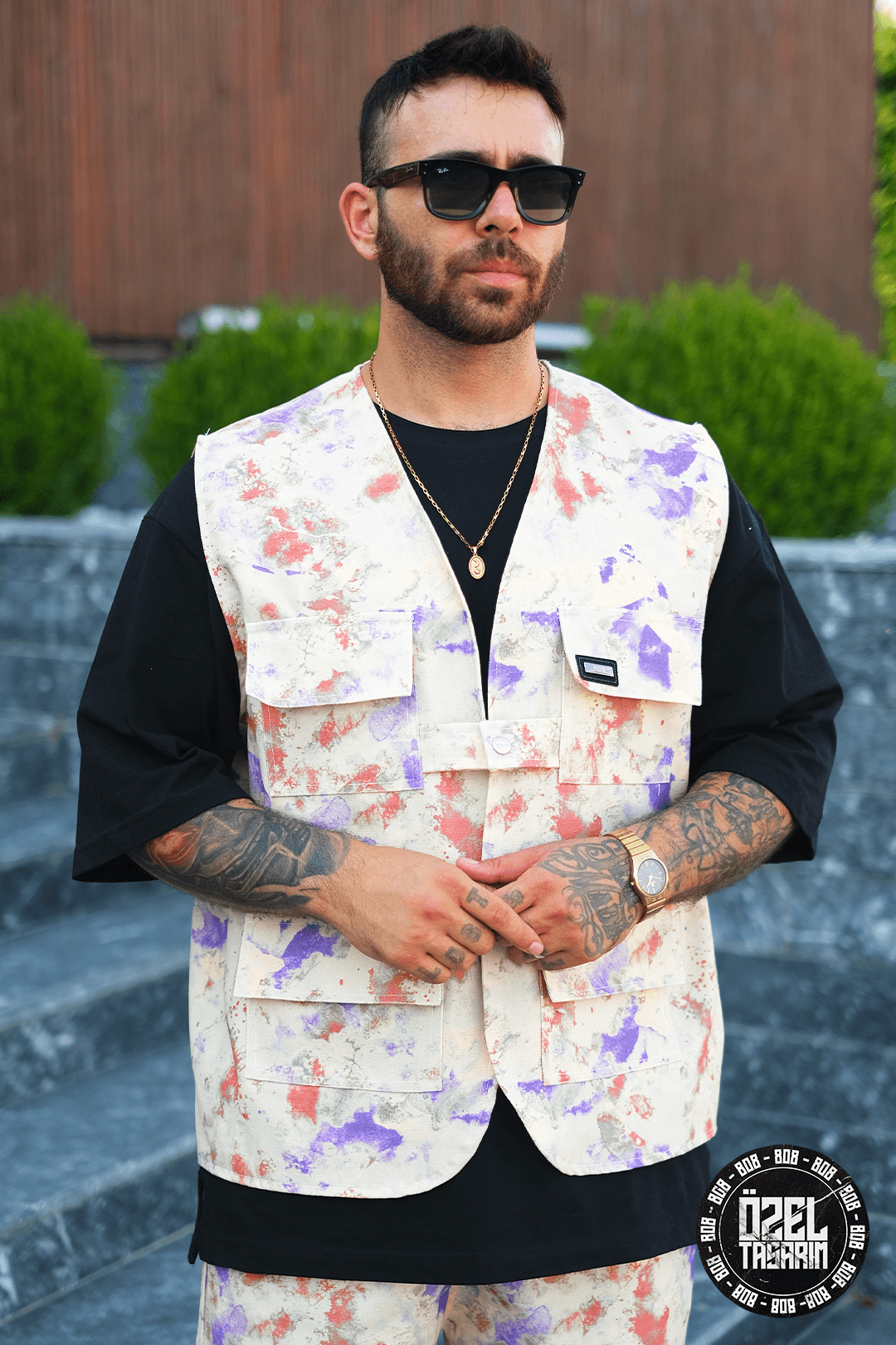 808 Art Chaos Desen Tek Düğme Oversize Yelek