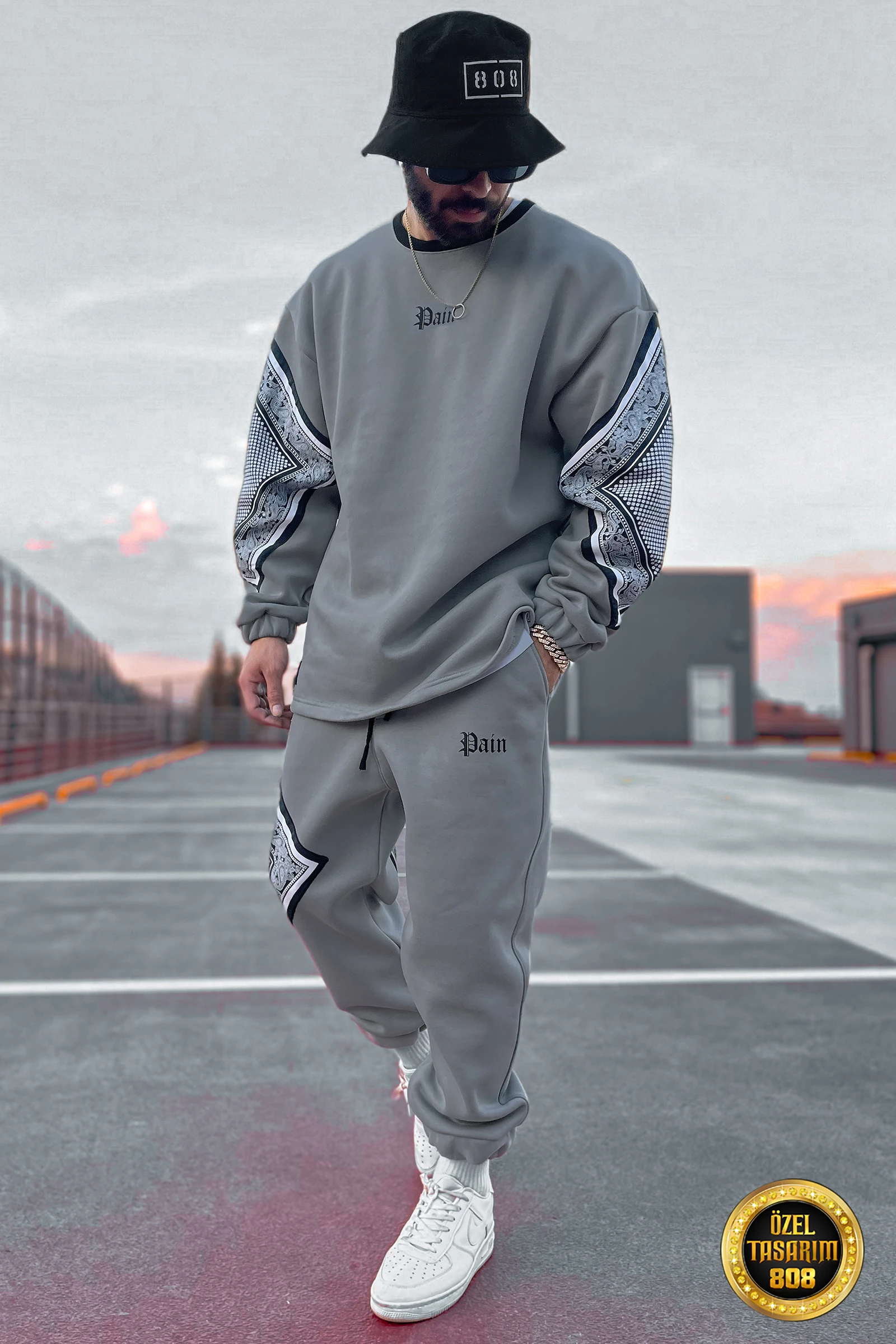 808 Pain Bandana Kontrast Oversize ( Sweatshirt + Jogger ) - Gri