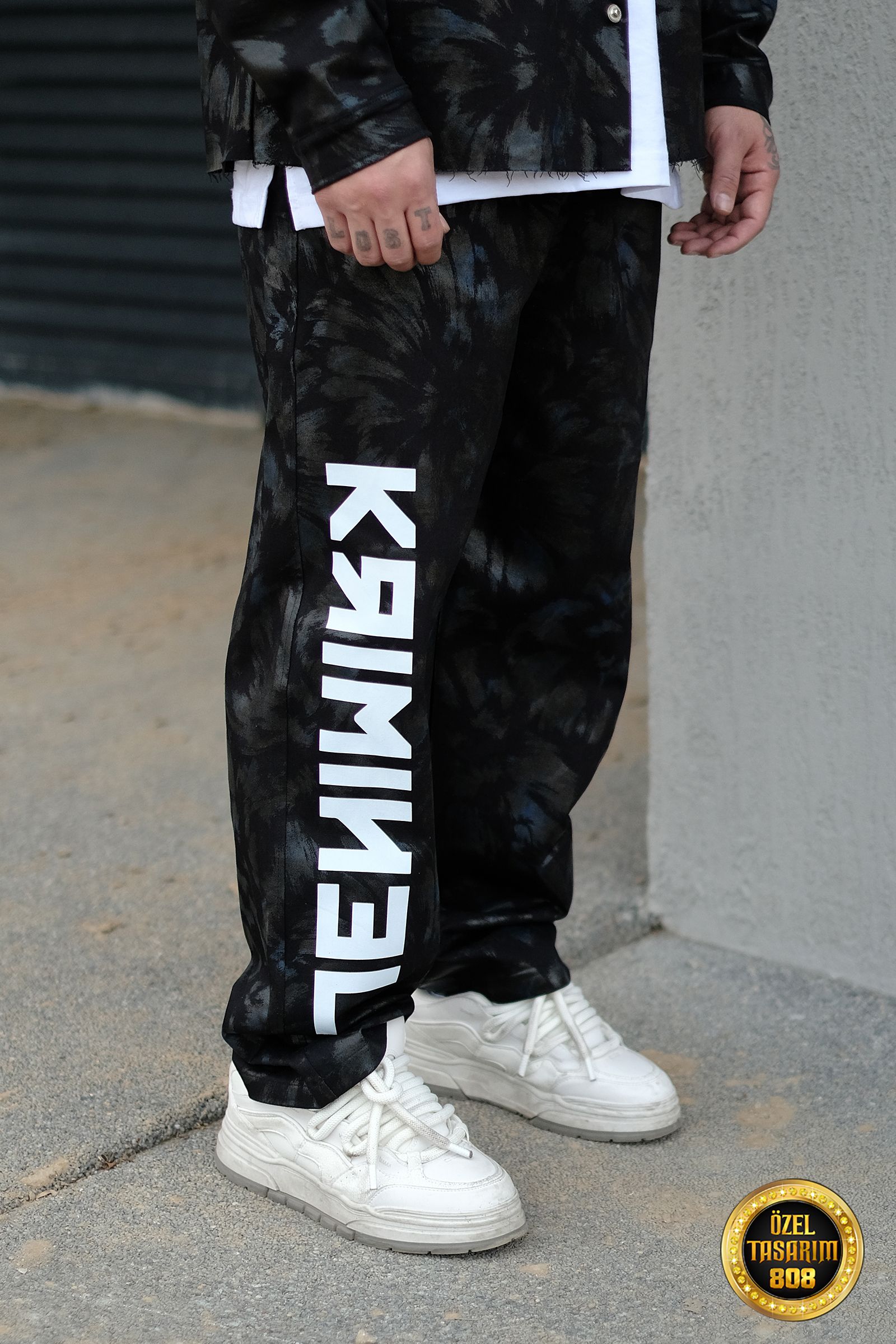 808 Sıvama Efektli Baskılı Baggy Kot Pantolon