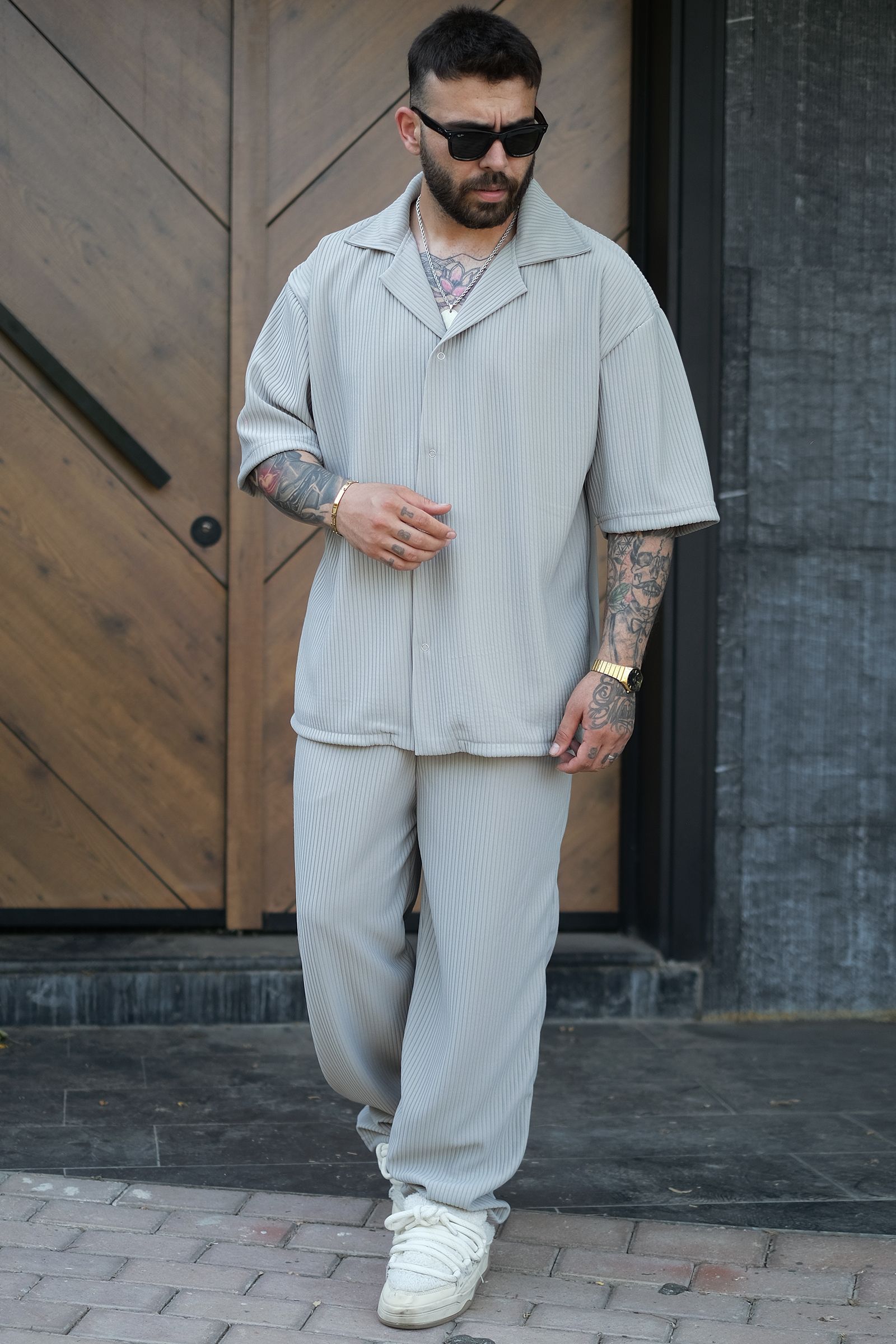808 Fitil Dokulu Oversize V Yaka Gömlek - Gri