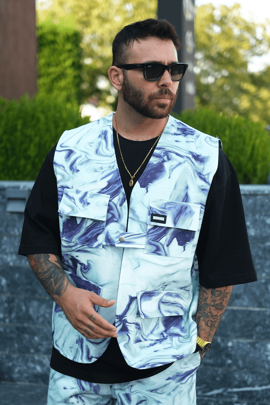 808 Mavi Ametist Desen Tek Düğme Oversize Yelek