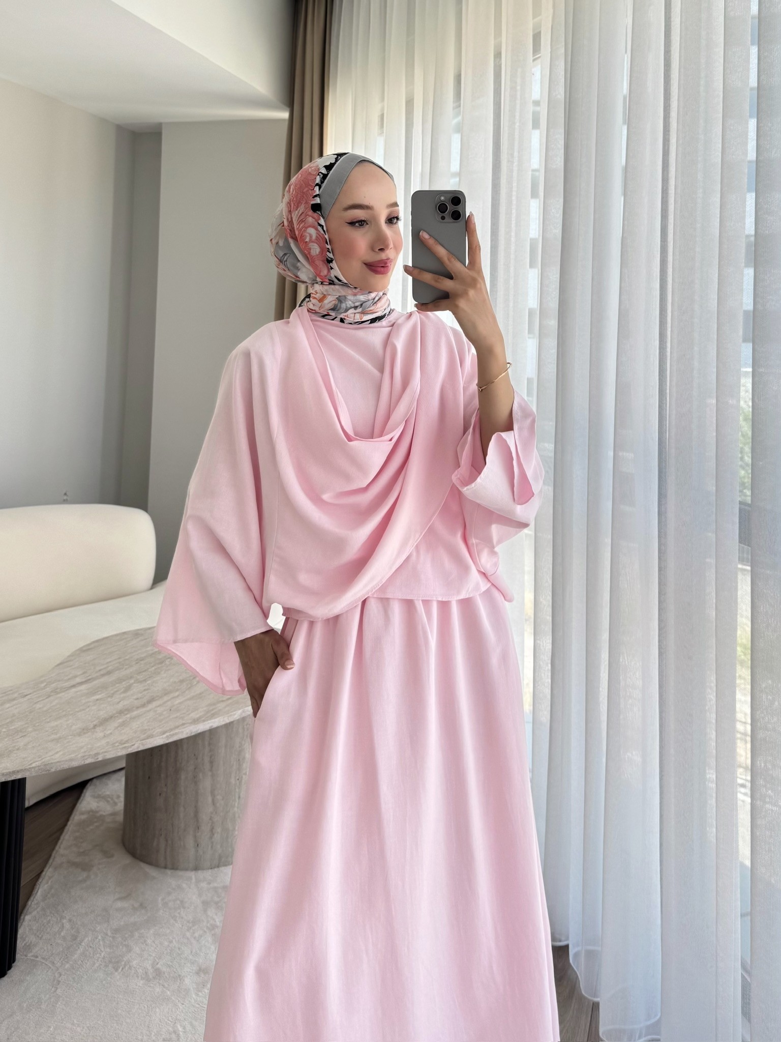 Şal Yaka Keten Etekli Takım - Pembe