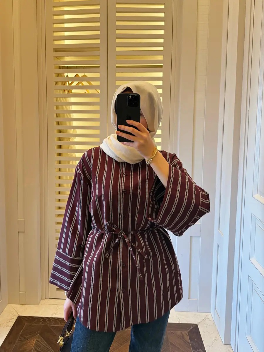 Çizgili Bağlamalı Gömlek - Bordo