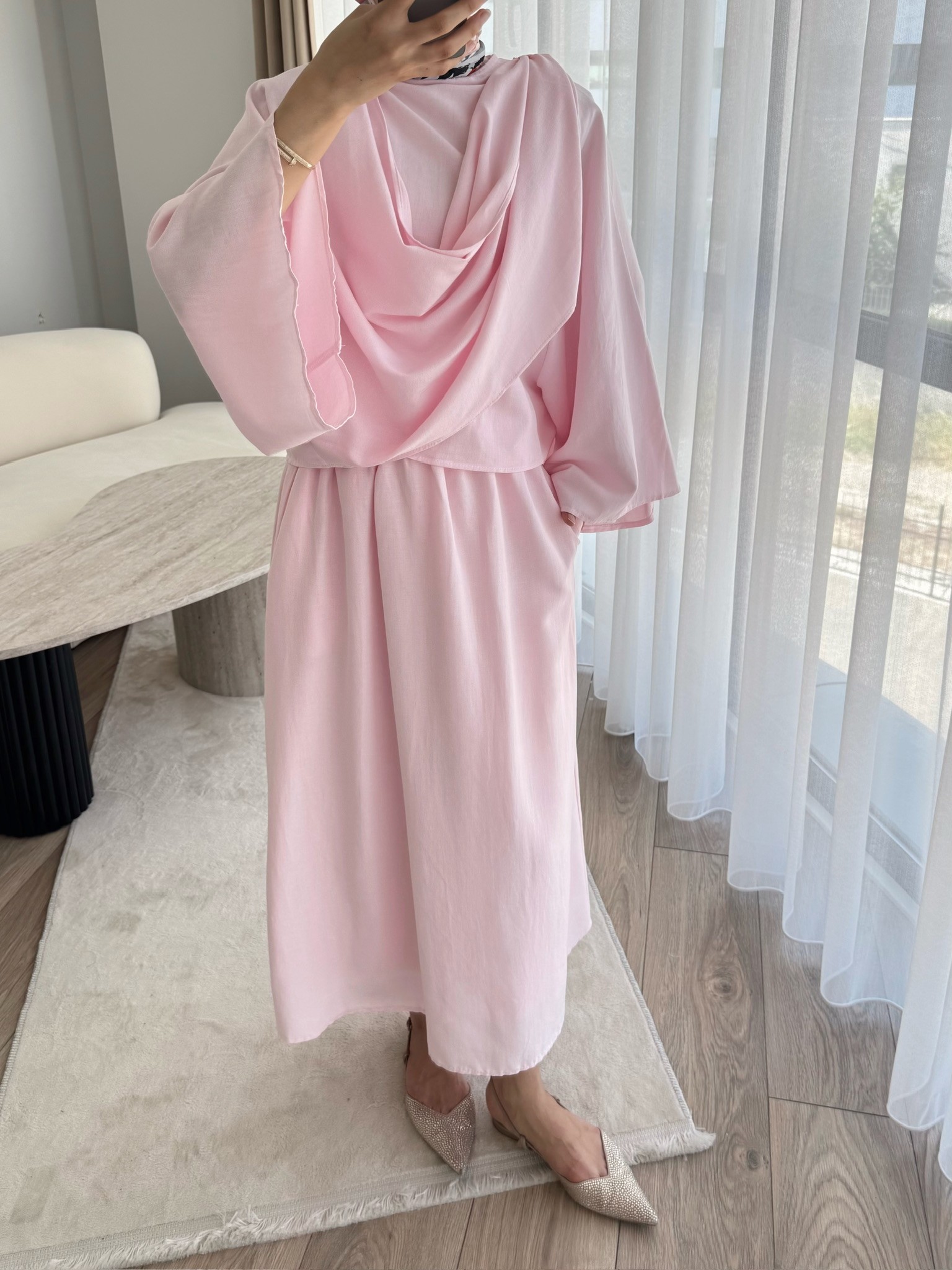 Şal Yaka Keten Etekli Takım - Pembe