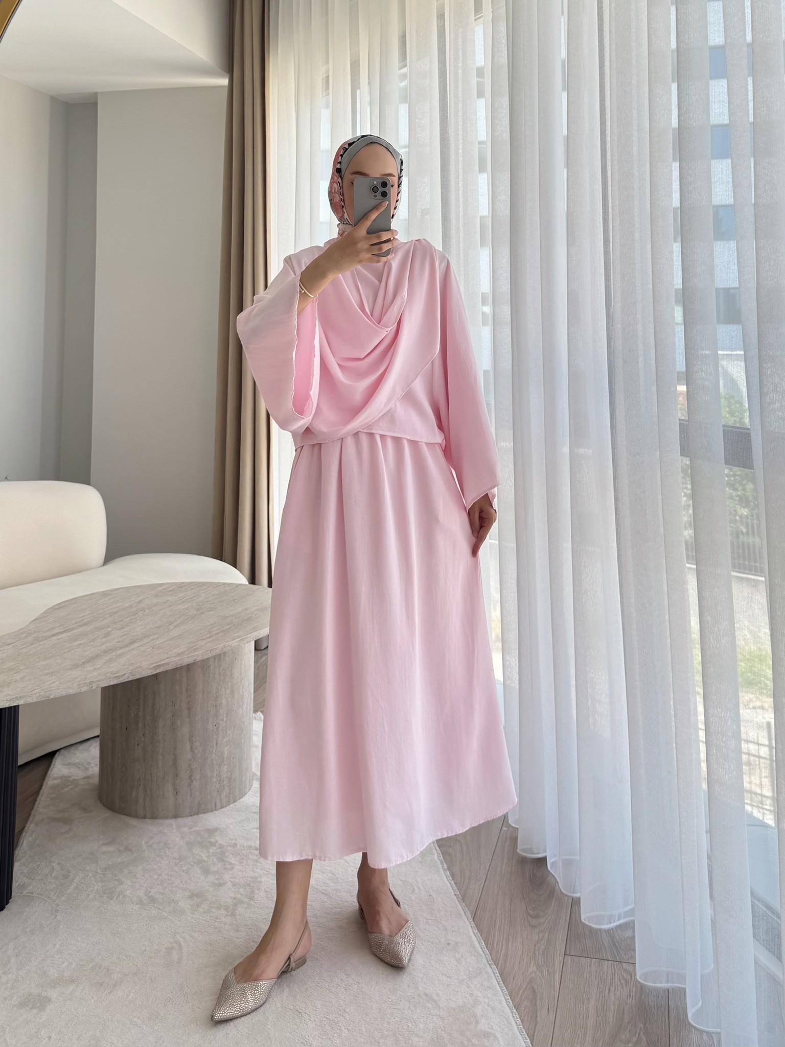 Şal Yaka Keten Etekli Takım - Pembe