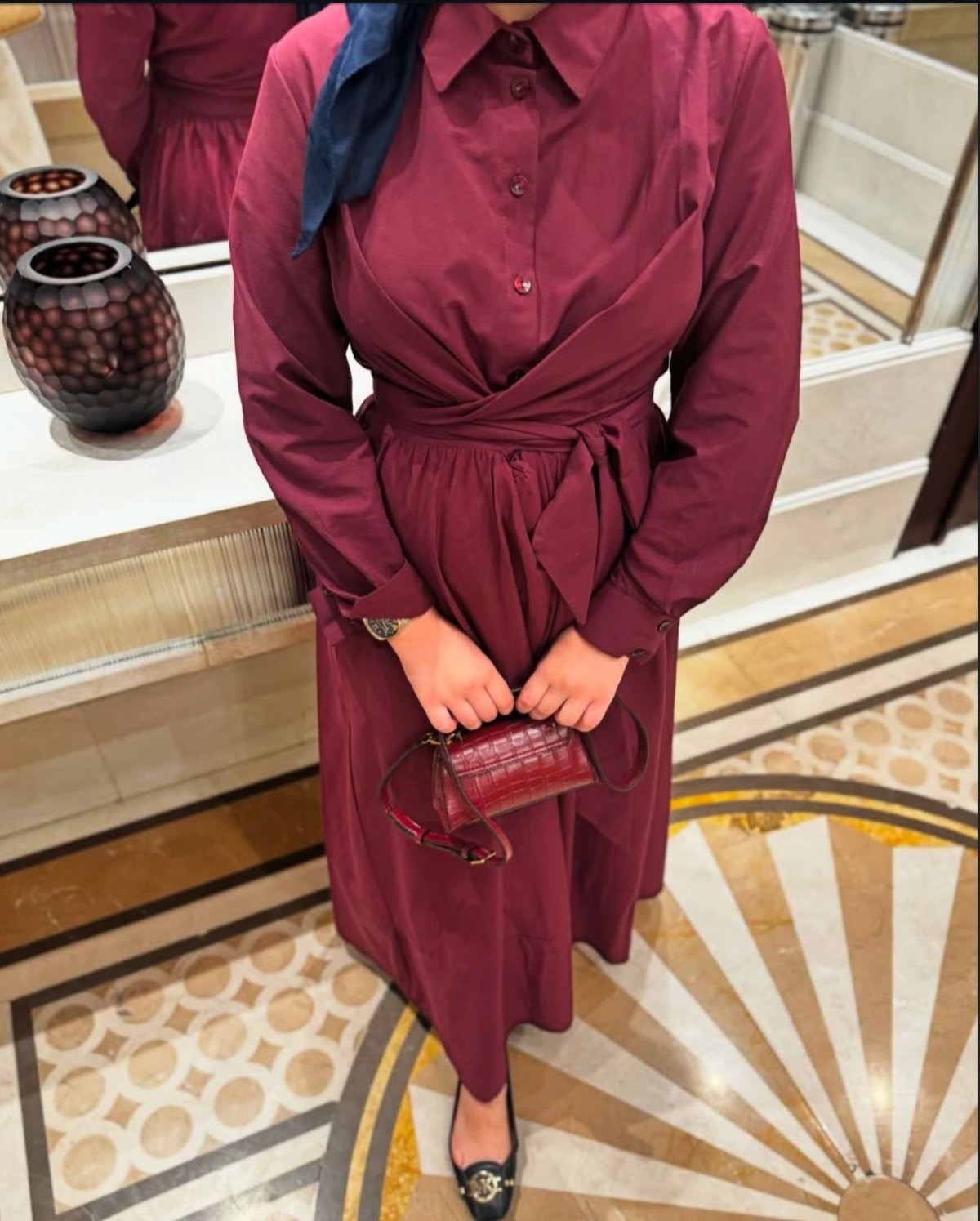 Poplin Bağlamalı Elbise - Bordo